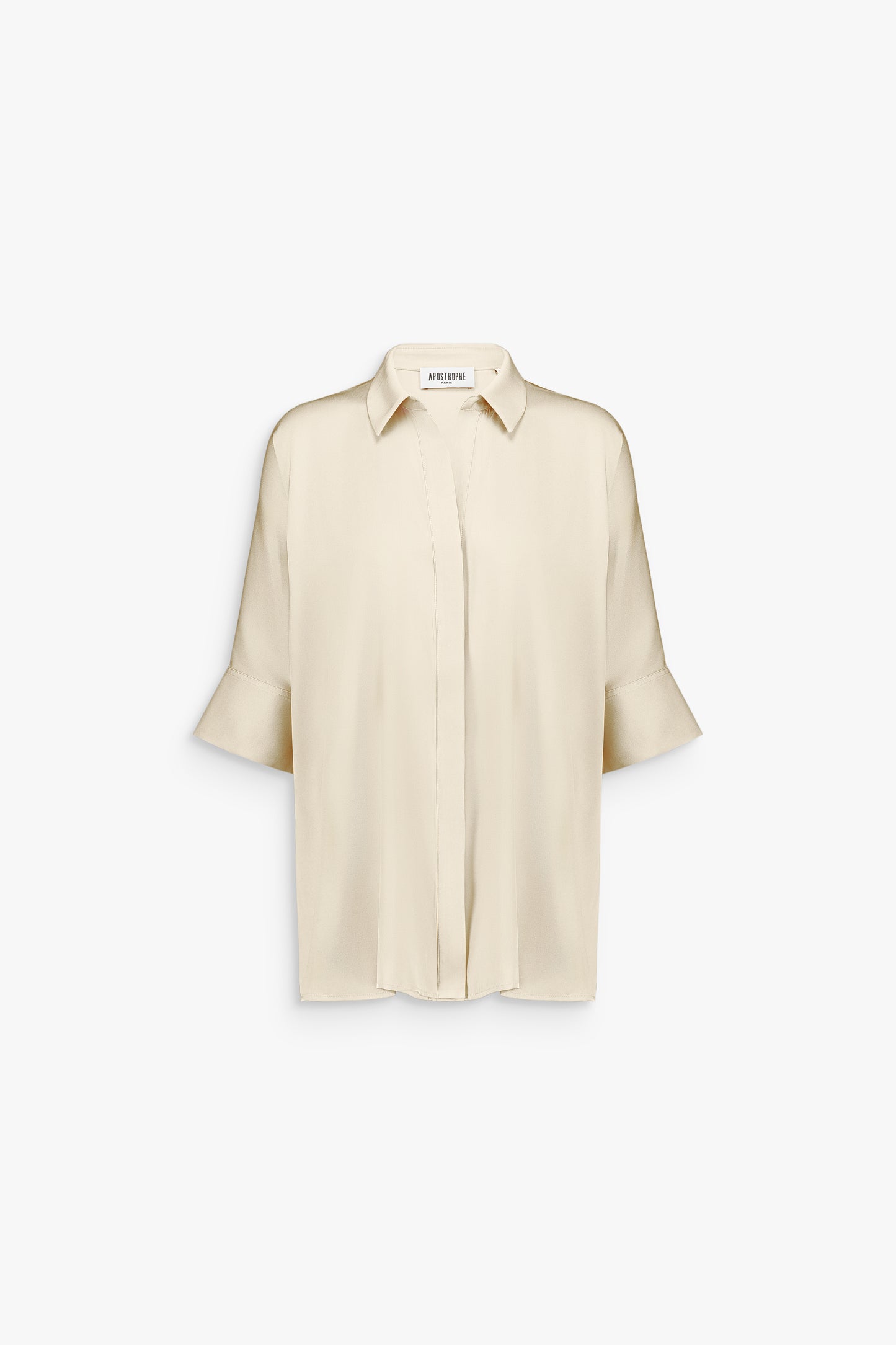 Chemise tunique oversize en soie mélangée jaune clair avec col classique et patte de boutonnage dissimulée.