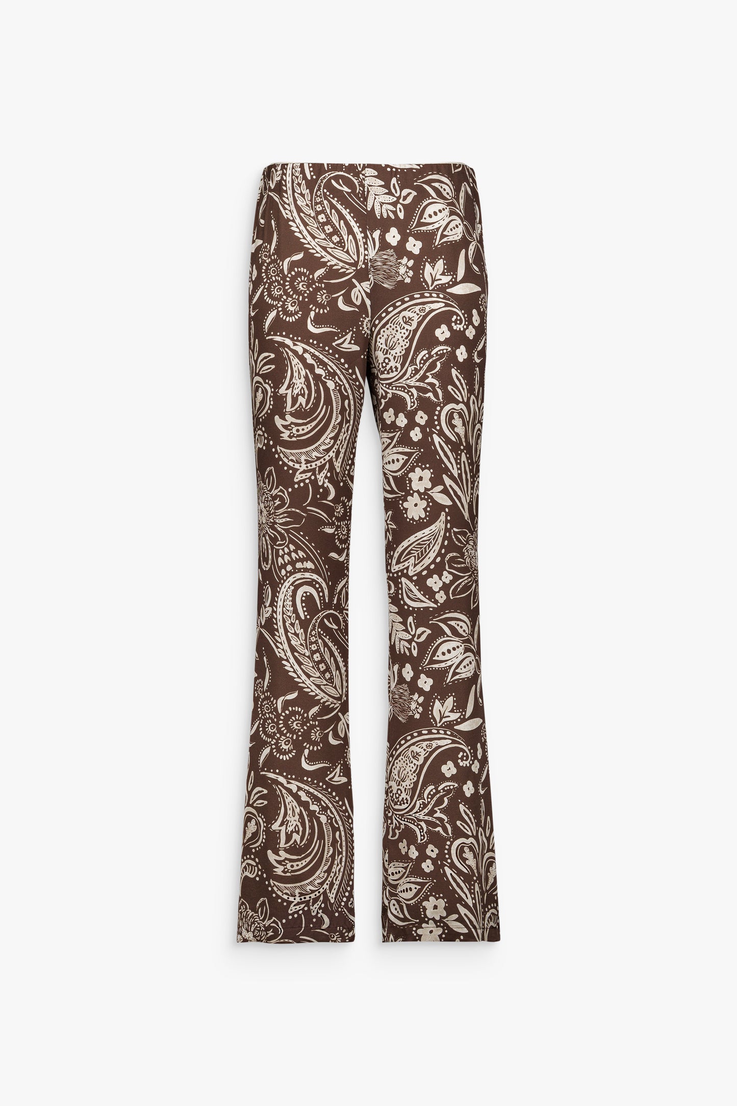 Pantalon en soie stretch imprimée marron glacé avec taille haute et fermeture zippée invisible sur le côté.