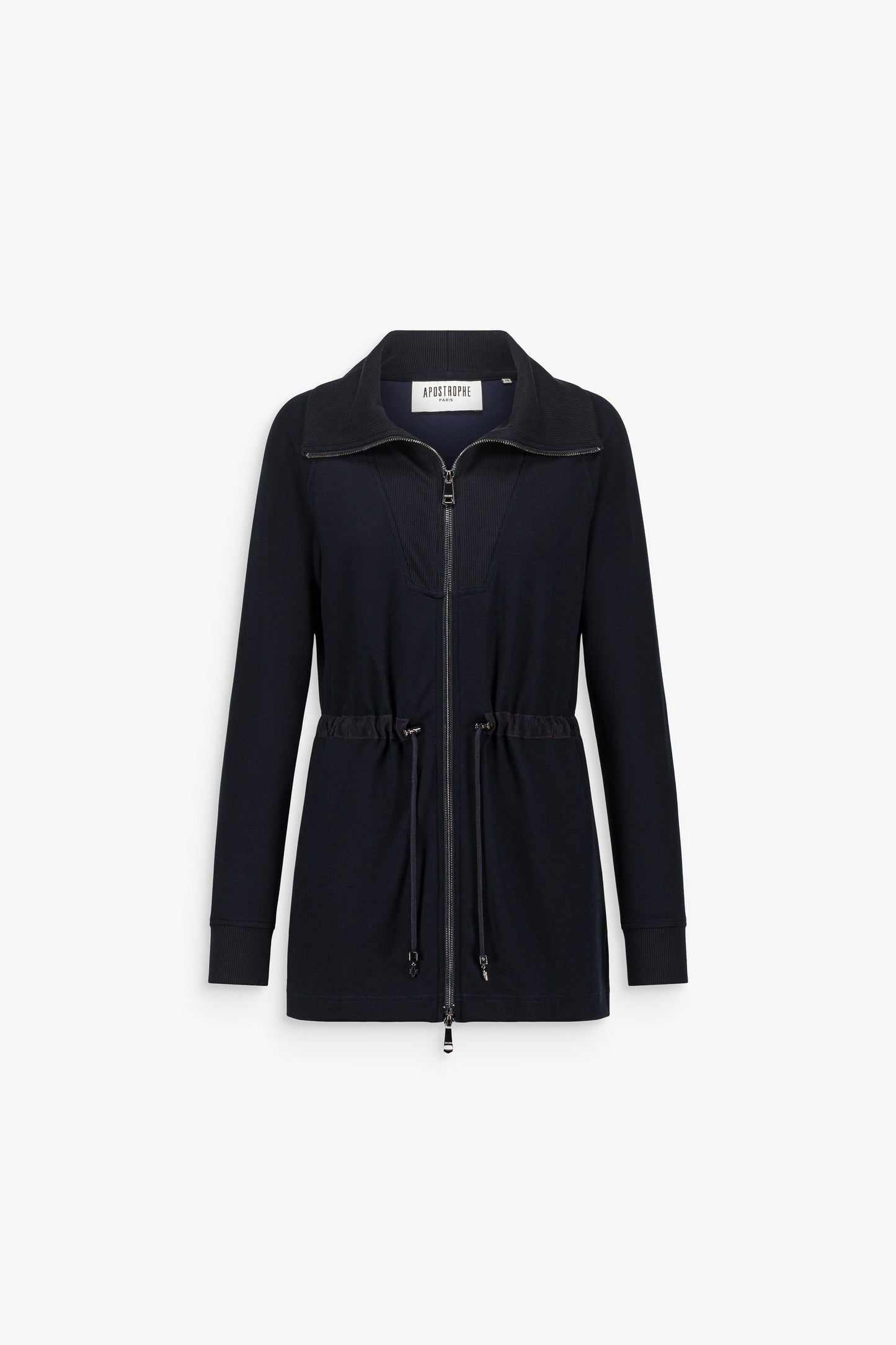 Gilet en maille bleu marine avec fermeture zippée et panneaux côtelés texturés.