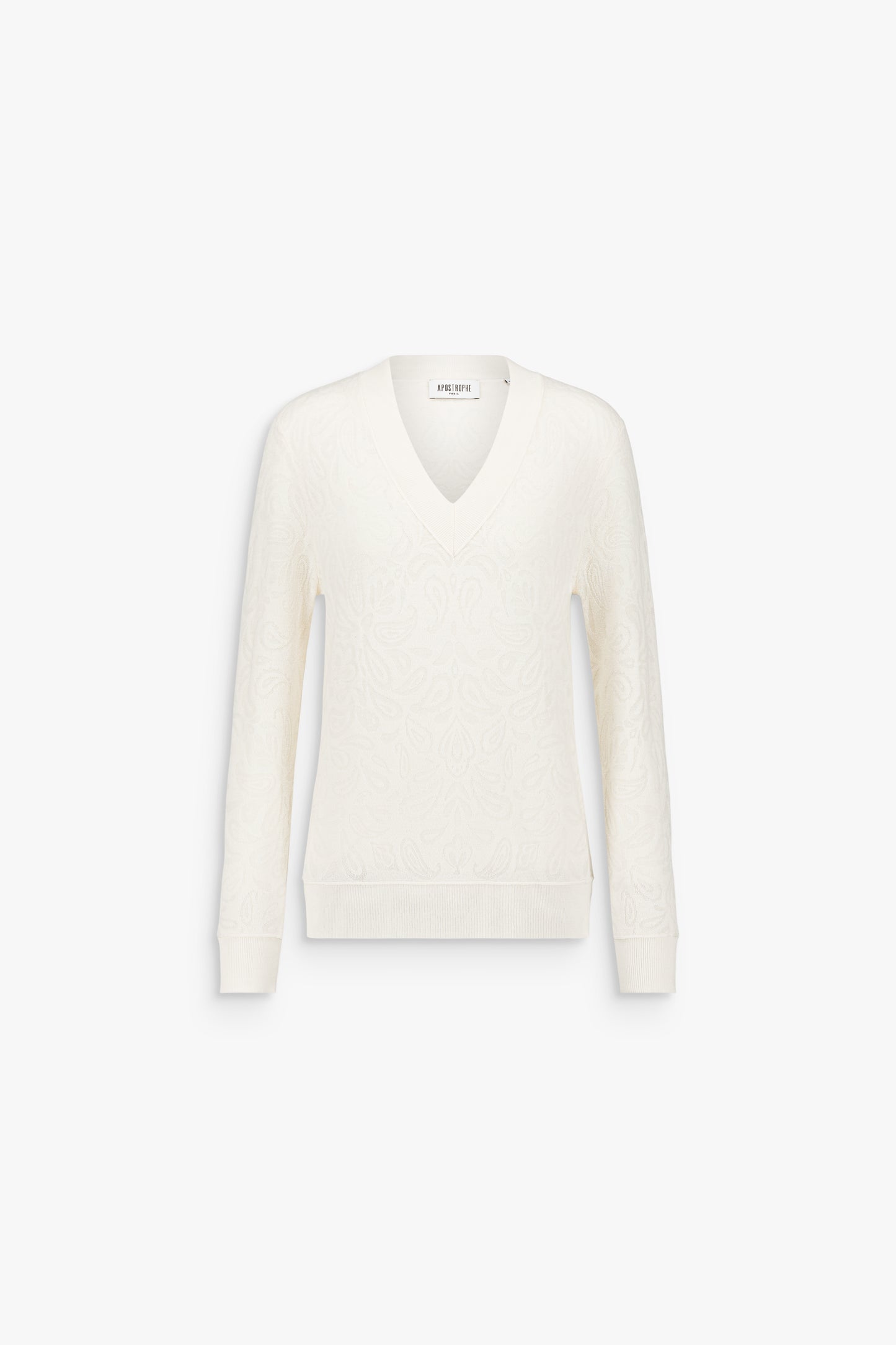 Pull blanc cassé en laine mérinos à col V, rehaussé d’un motif bandana ton sur ton.
