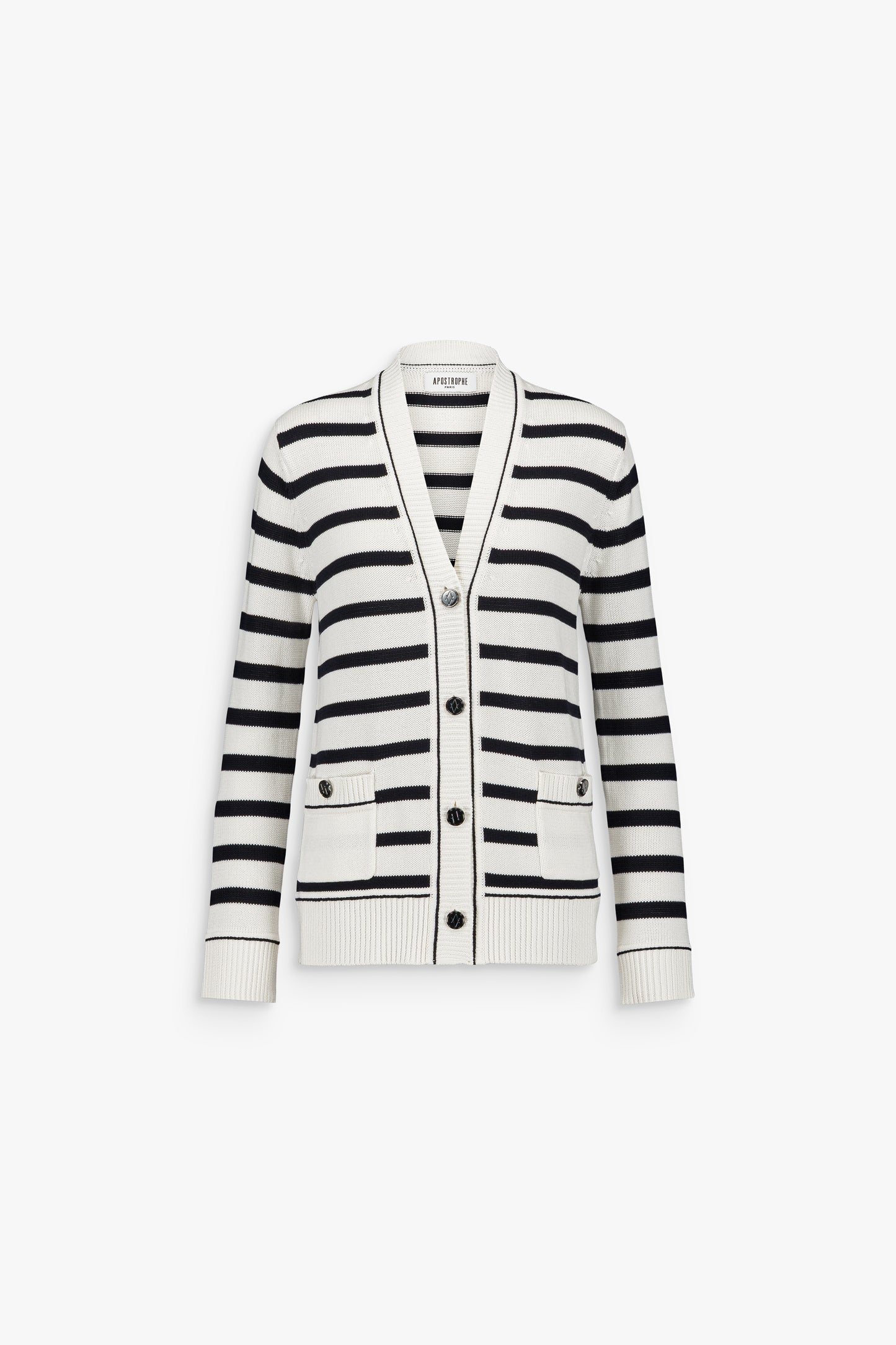 Cardigan en coton blanc cassé à rayures marines avec col V et boutons argentés.