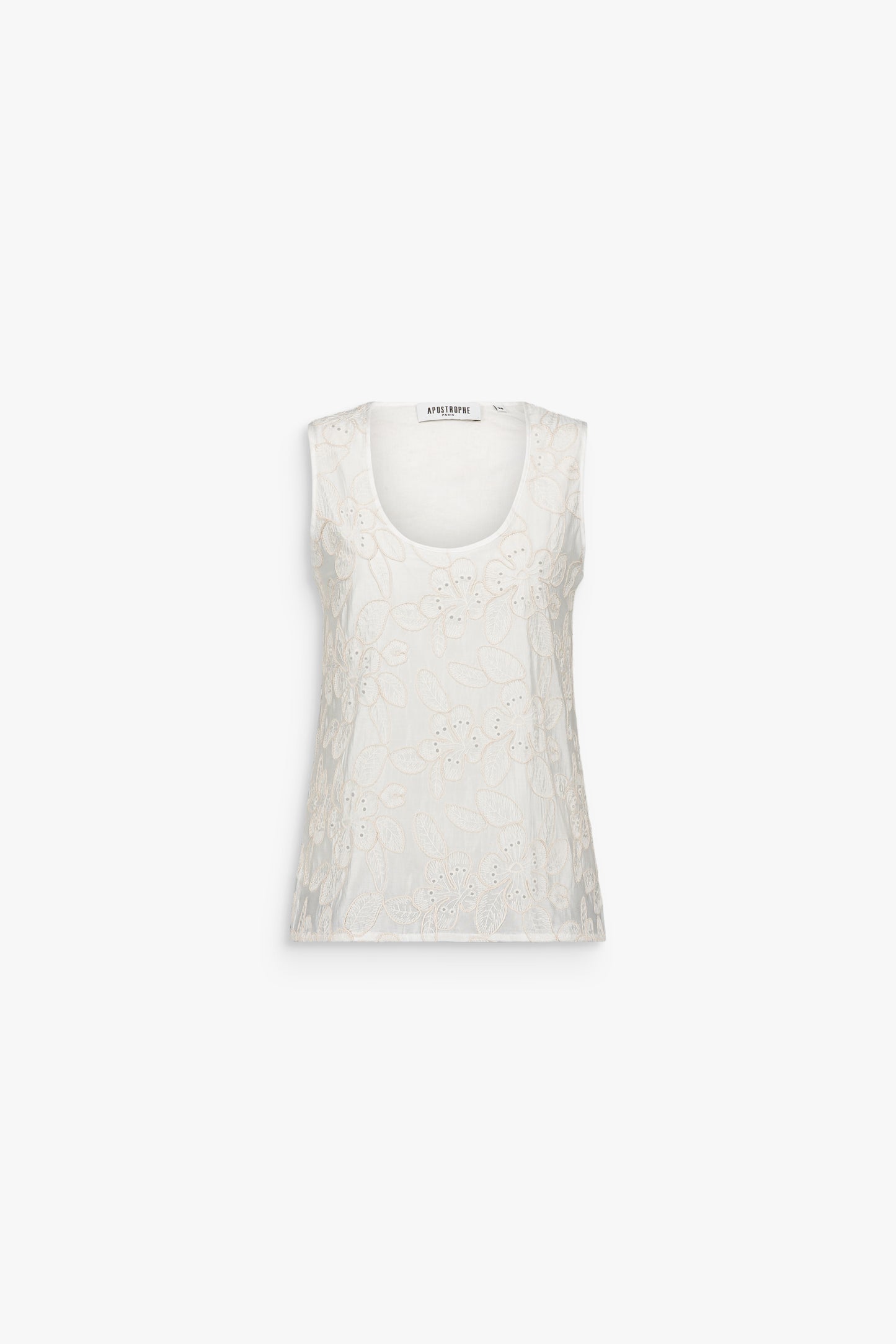 Top blanc cassé sans manches avec motif floral ton sur ton et encolure ronde.