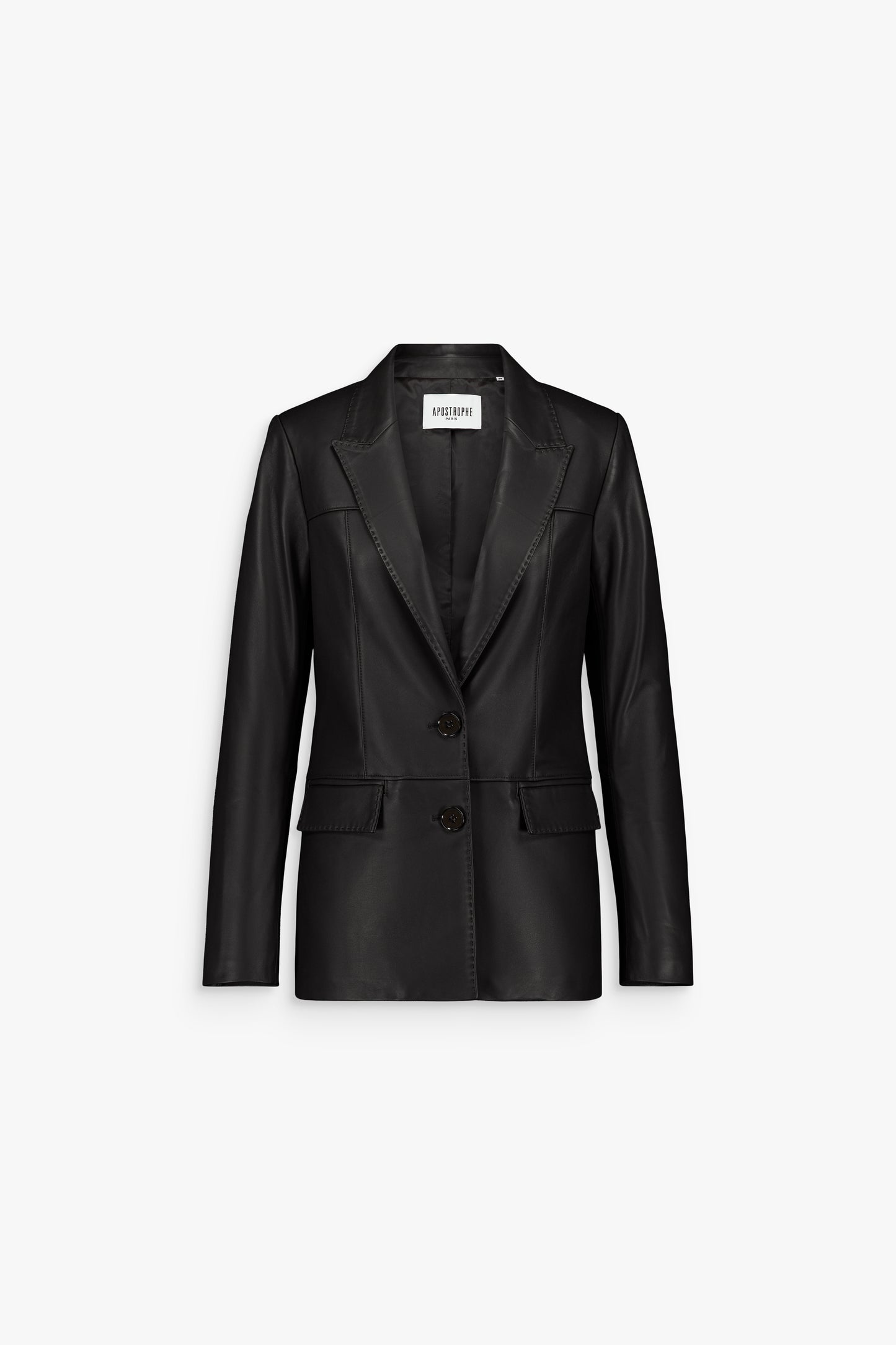Veste femme en cuir noir lisse avec col tailleur et fermeture boutonnée.