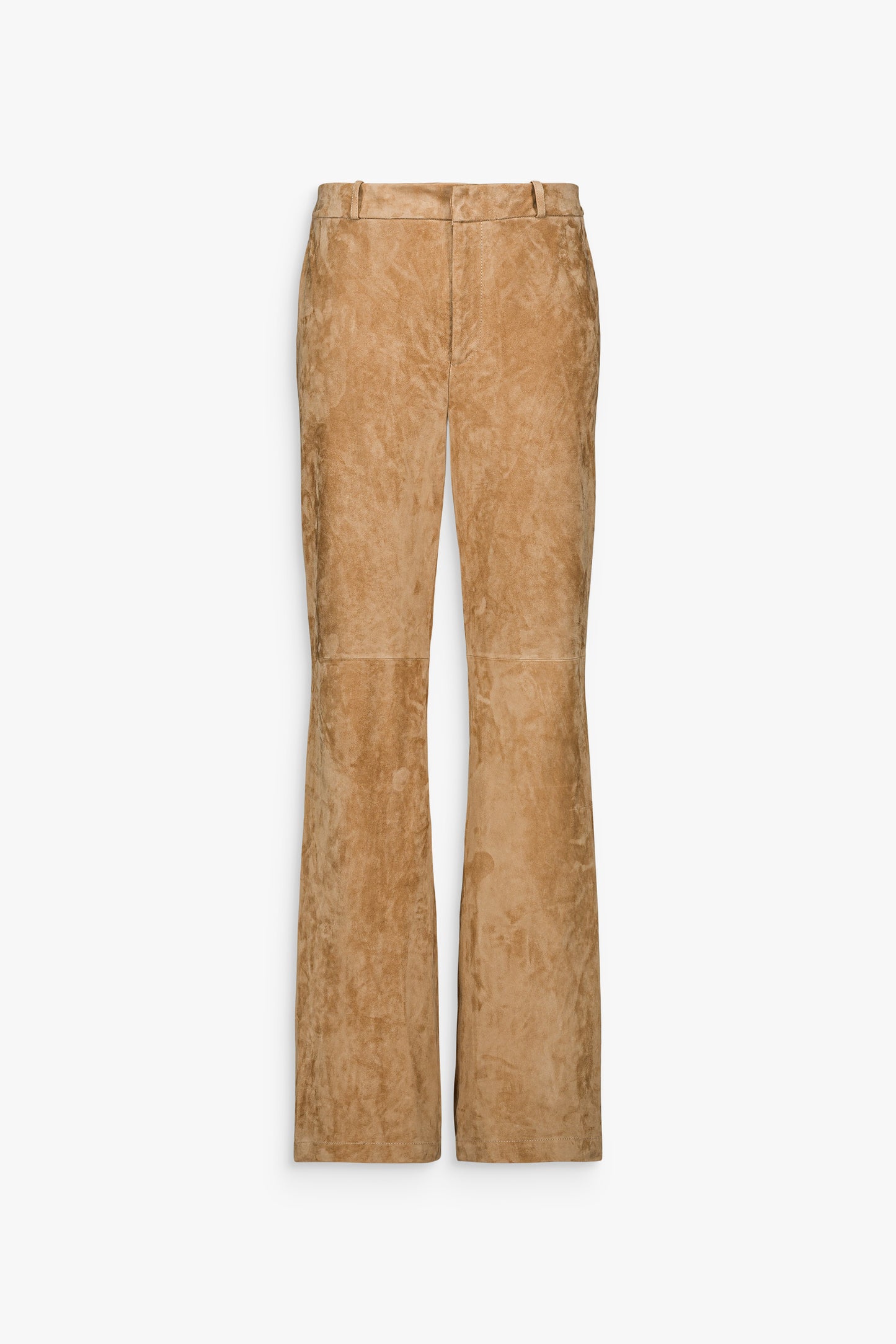Pantalon femme en daim beige à coupe droite et finition tailleur.