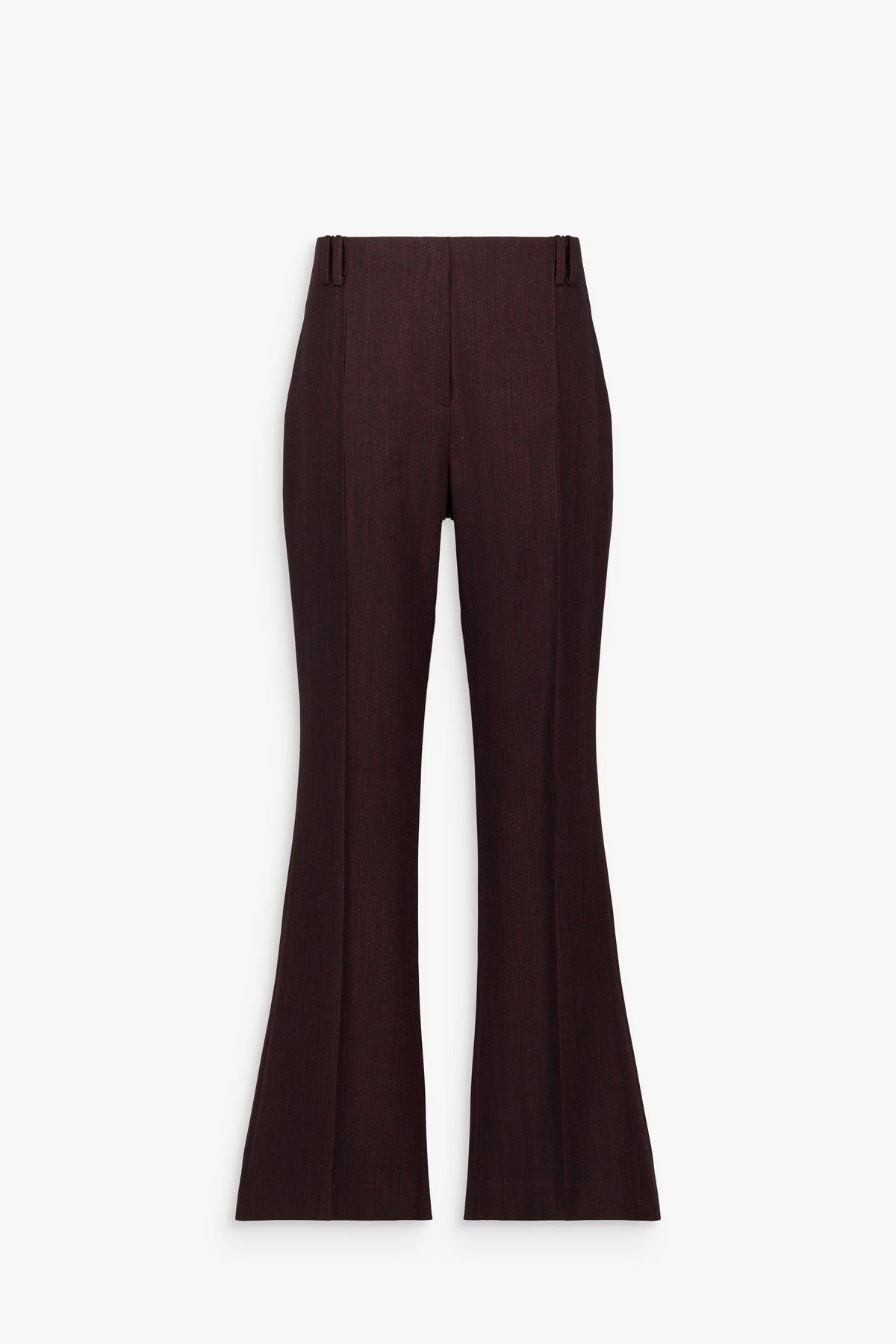 Pantalon droit grenat en laine et coton, à taille haute, plis marqués et poches passepoilées au dos.