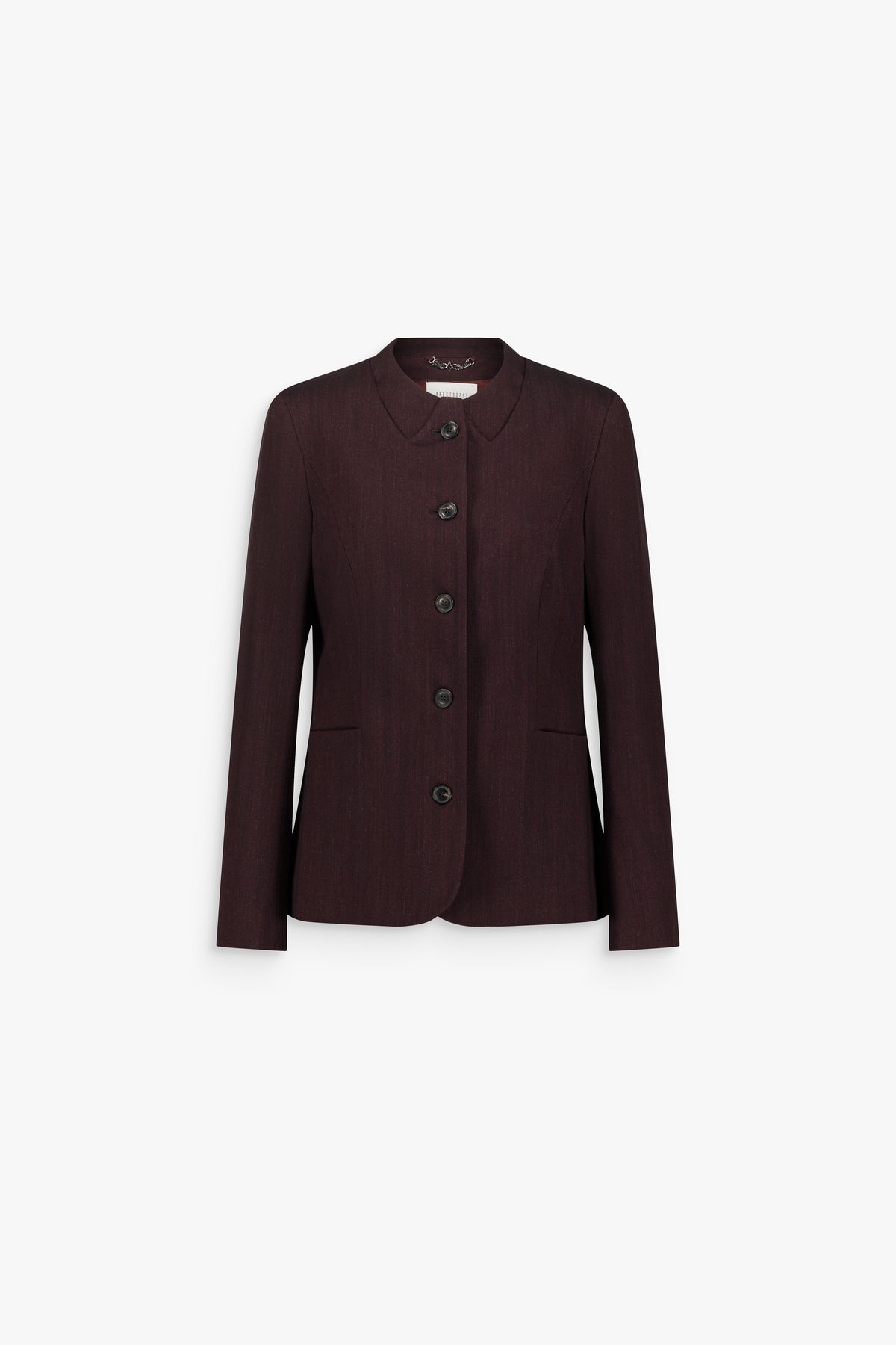 Veste droite grenat en laine et coton, à col chemise, boutonnage devant et manches longues.
