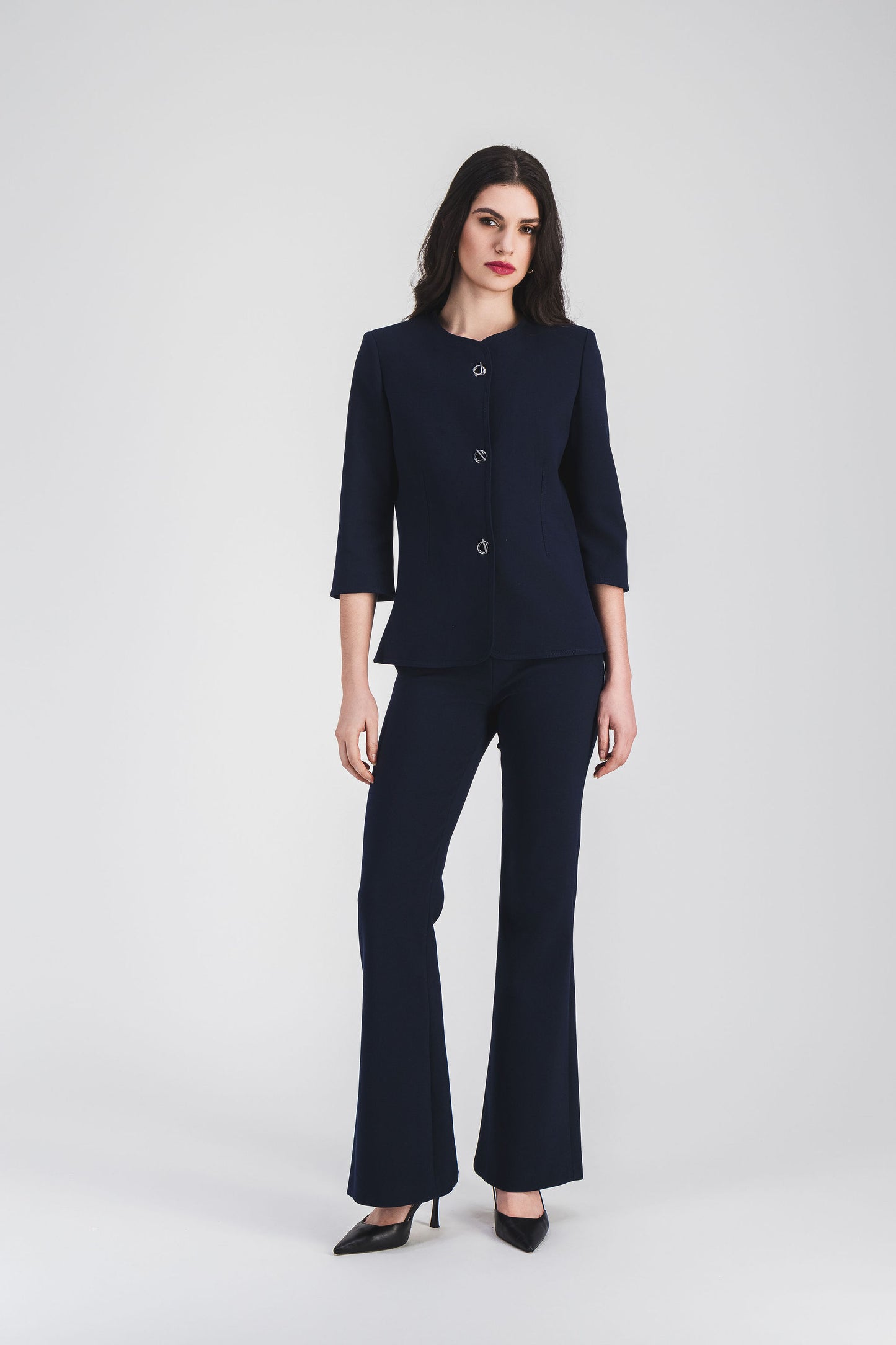 Navy flared trousers with structured pleats
