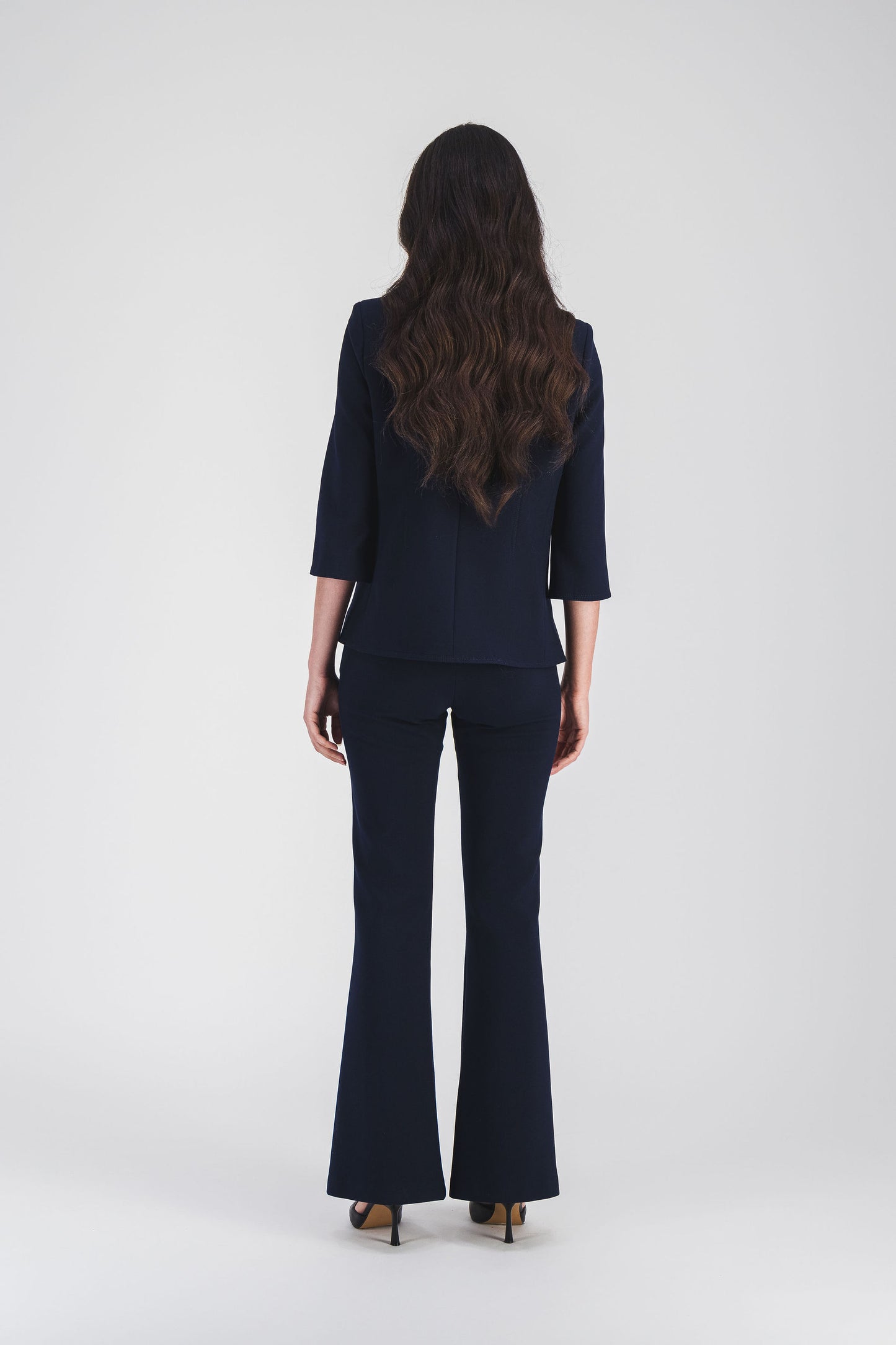 Navy flared trousers with structured pleats