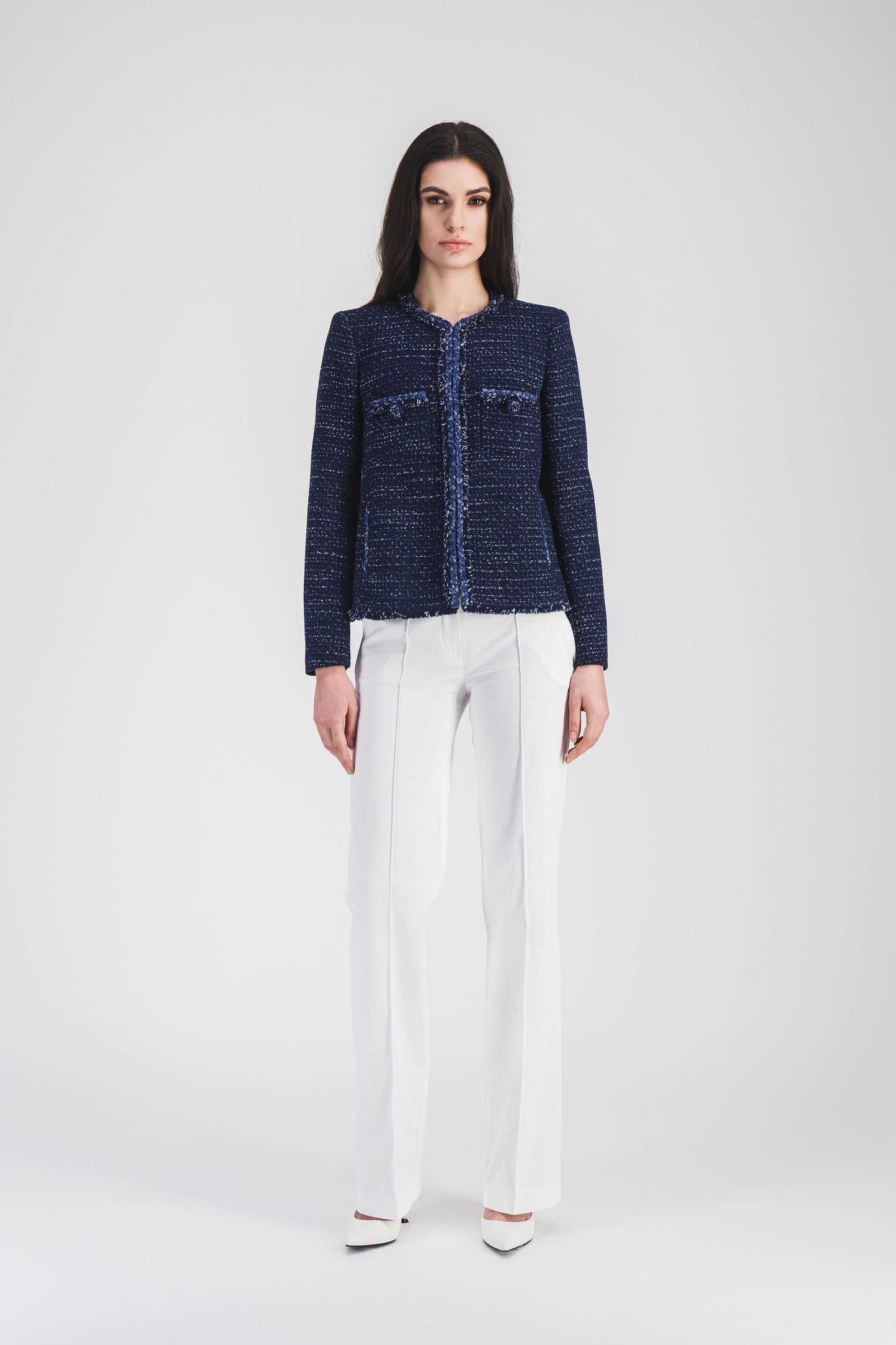 Short navy tweed jacket with fringe details