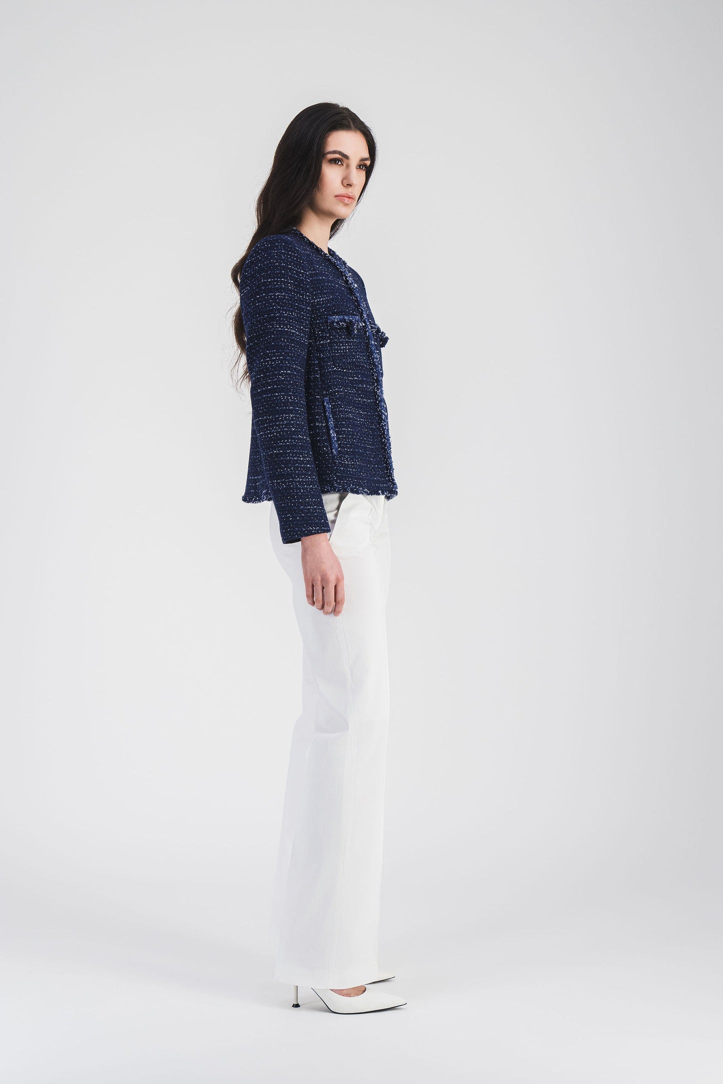 Short navy tweed jacket with fringe details