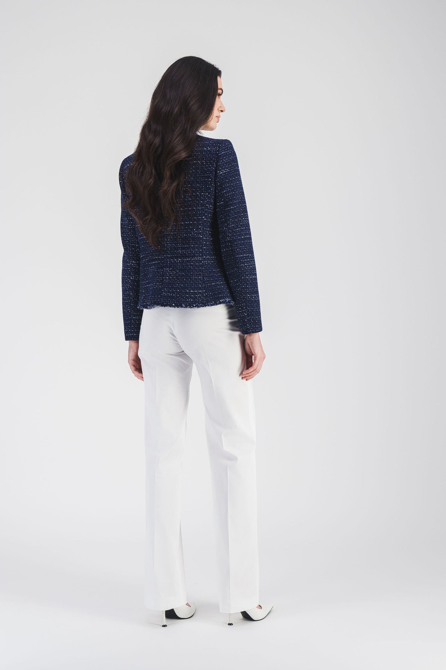 Short navy tweed jacket with fringe details