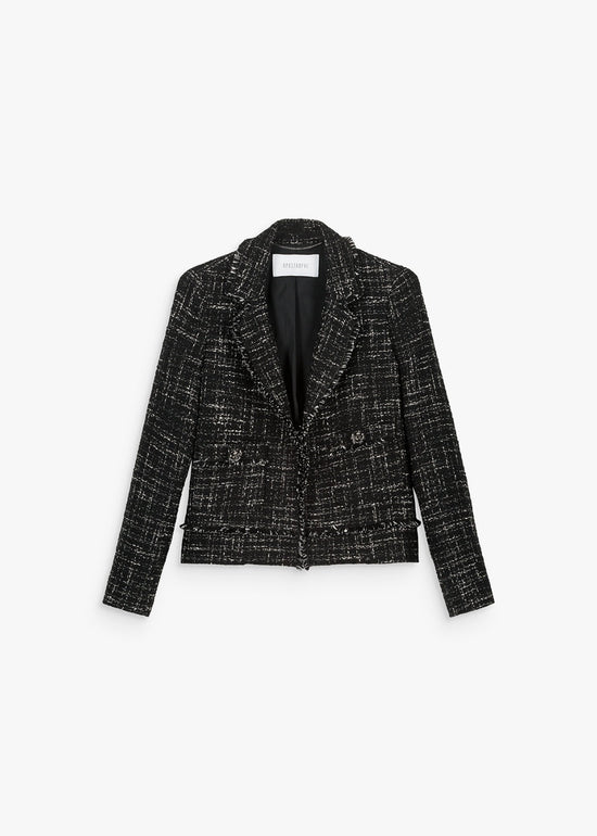 Veste courte en tweed noir poches plaquées détails franges col et bords