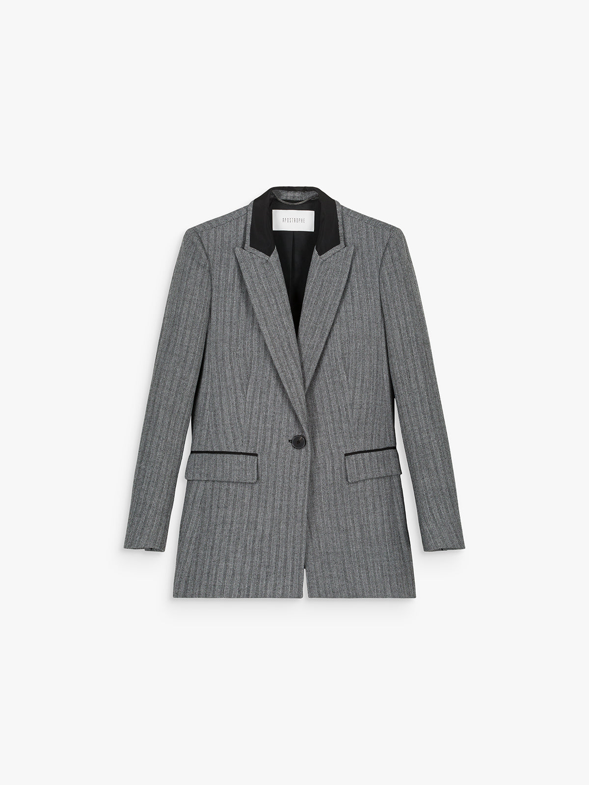 Veste cintrée blazer jacquard chevron gris détail noir sur col et poches à rabat