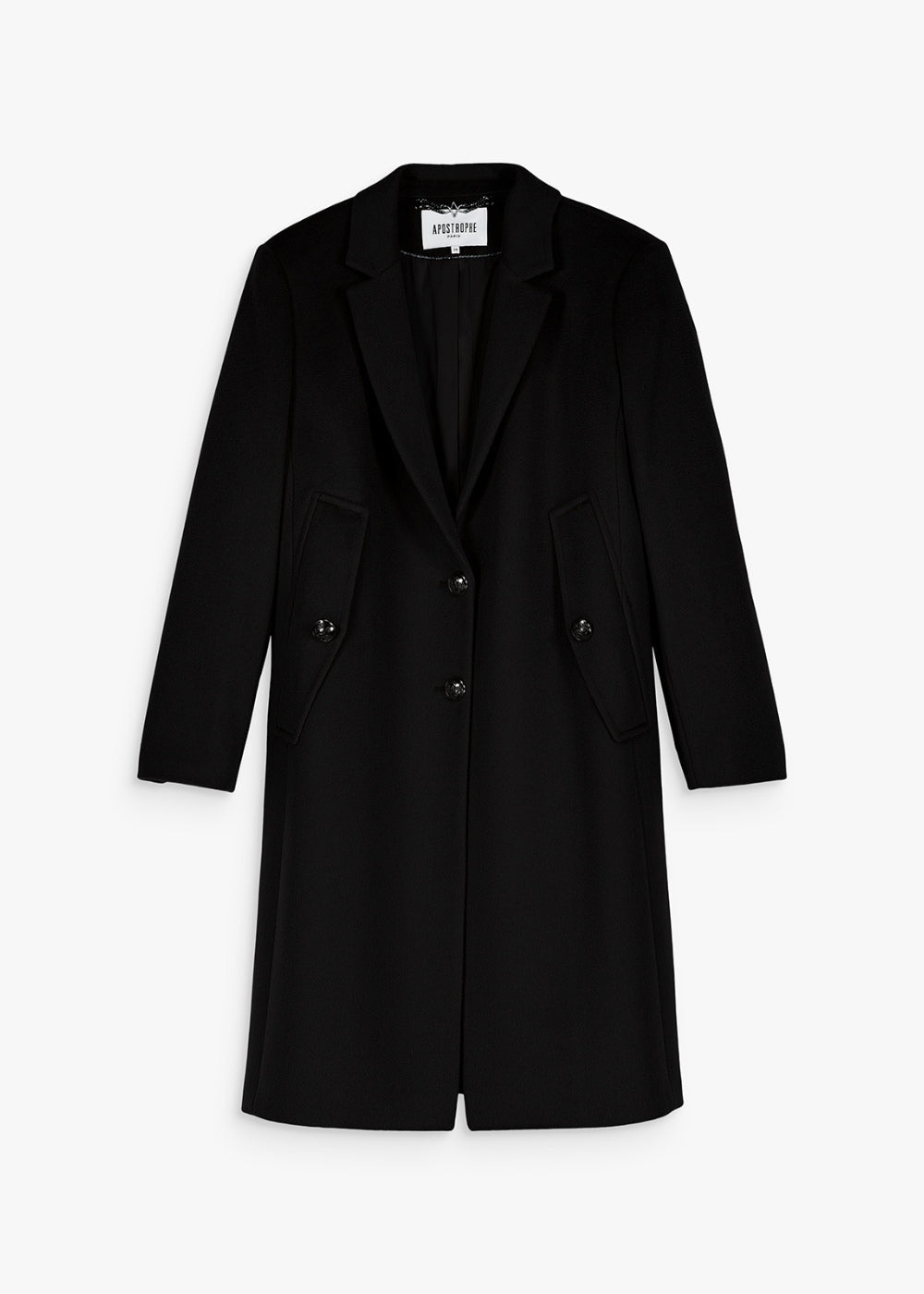 Manteau cape mi-long laine cachemire noir avec fausses poches plaquées et détails boutons noirs