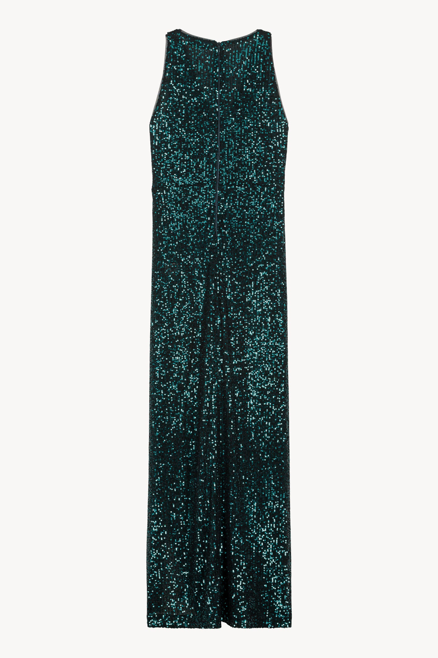 Robe scintillante en sequins, coupe croisée et col V. Fente discrète à gauche. Zip invisible au dos pour une finition élégante.