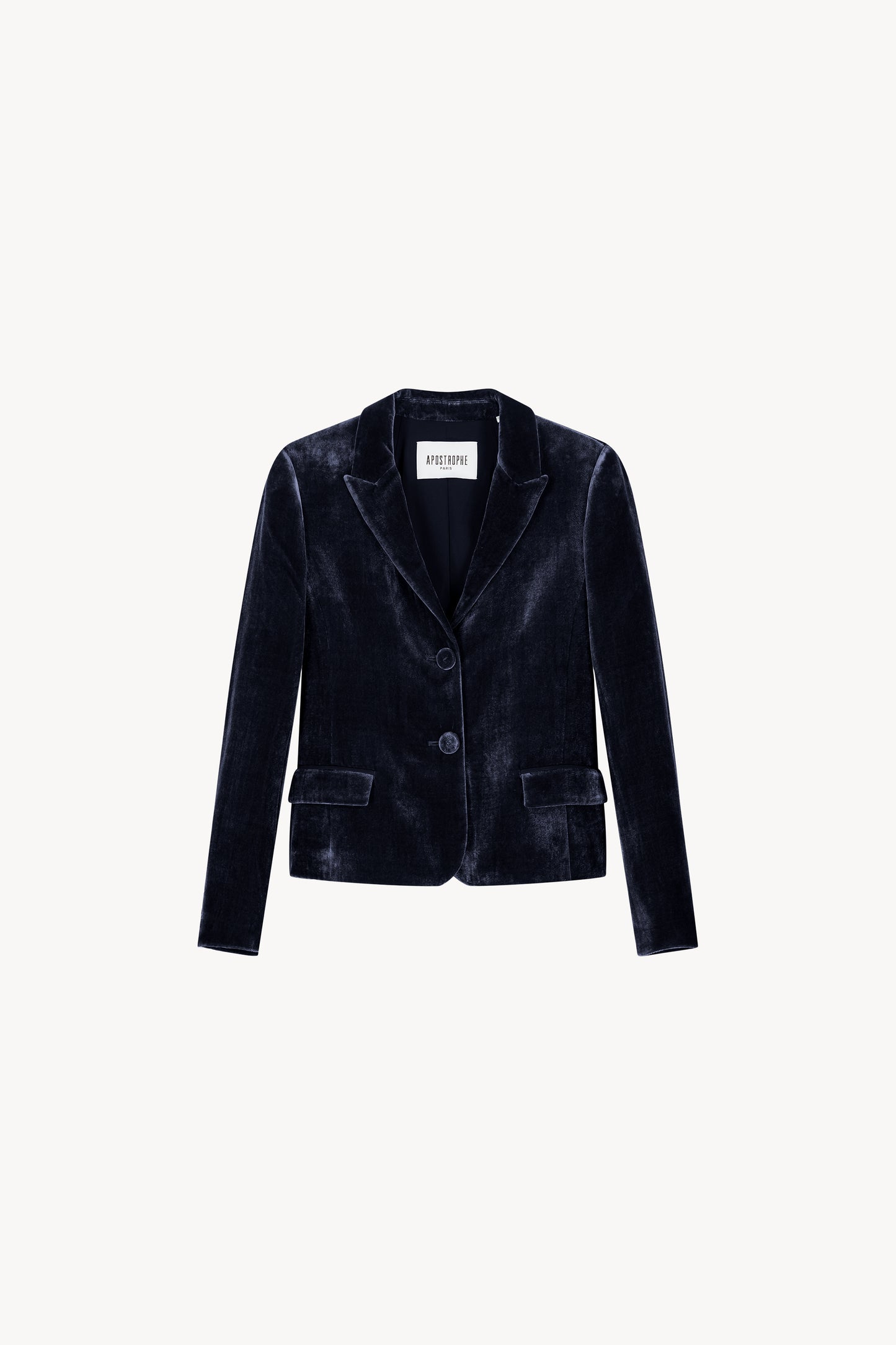 Blazer ajusté en velours marine, col tailleur. Fermeture à deux boutons, poches passepoilées avec rabat. Six boutons décoratifs sur les manches.