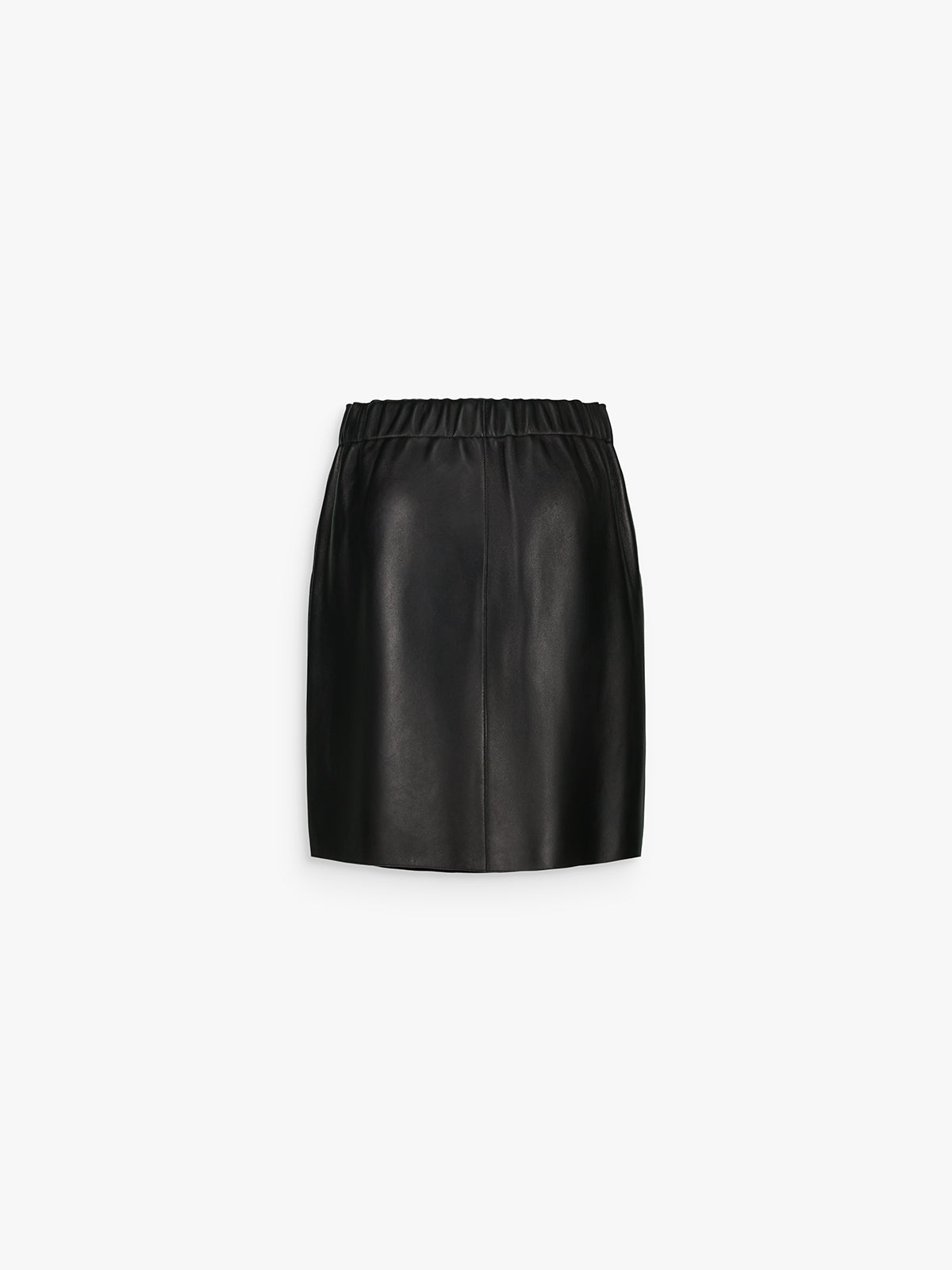 Jupe trapèze en cuir noir avec une poche à rabat et fermeture à boutons latérales et détails froncés élastique arrière