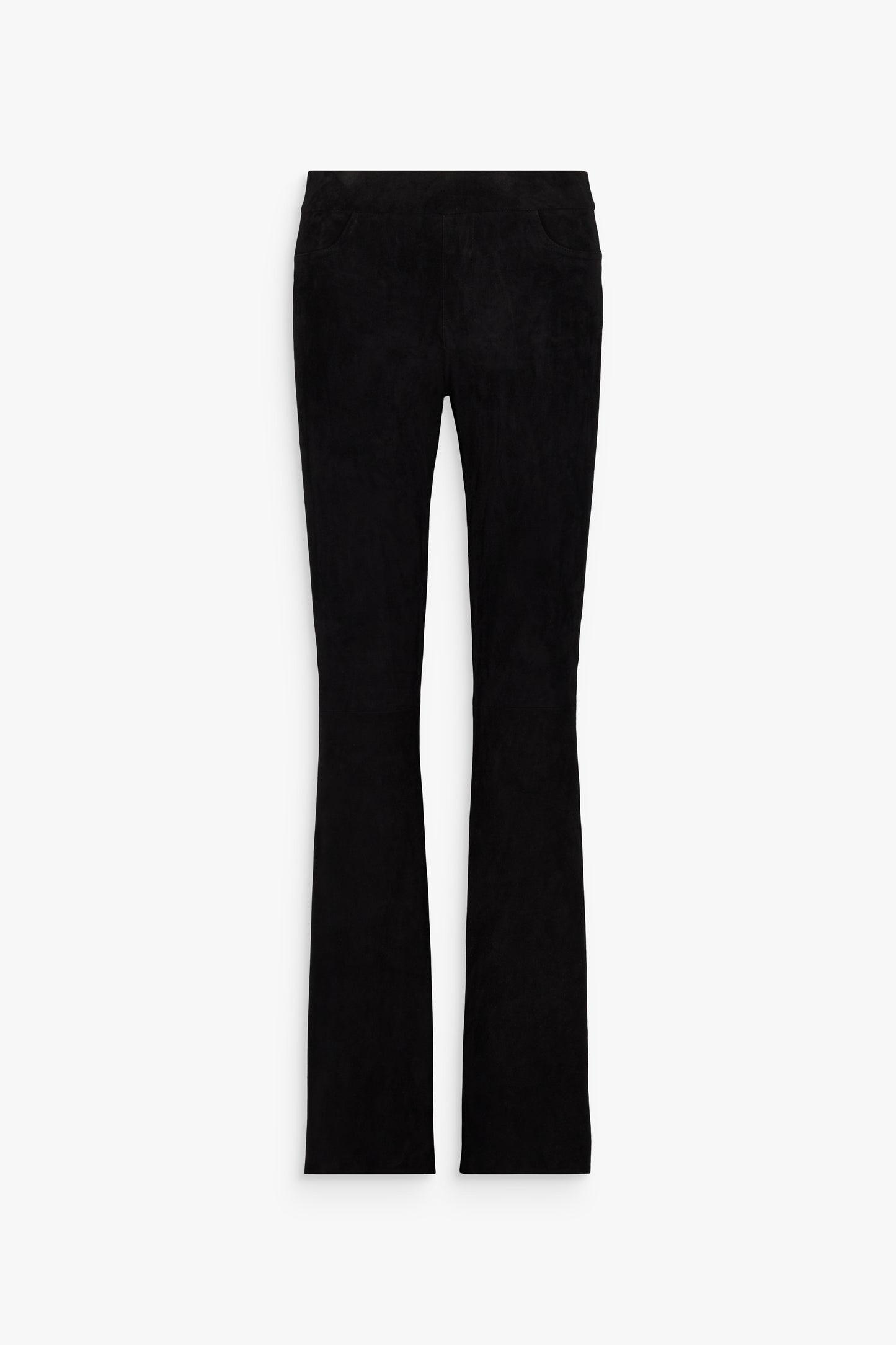 Legging en daim noir, coupe ajustée et taille haute pour mettre la silhouette en valeur.