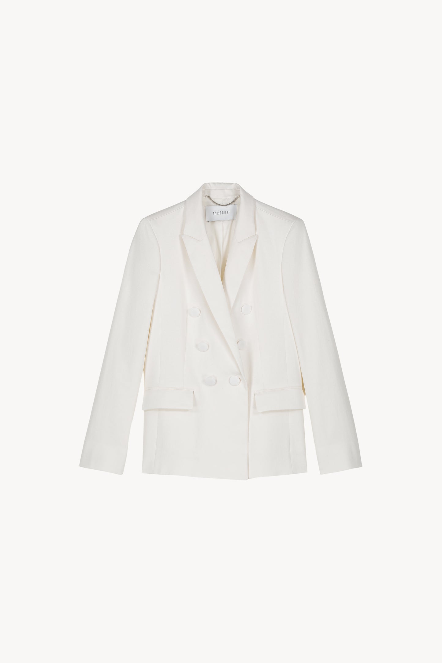 Veste de tailleur croisée cintrée blanc avec poches à rabat avec col chemise ainsi que 6 boutons