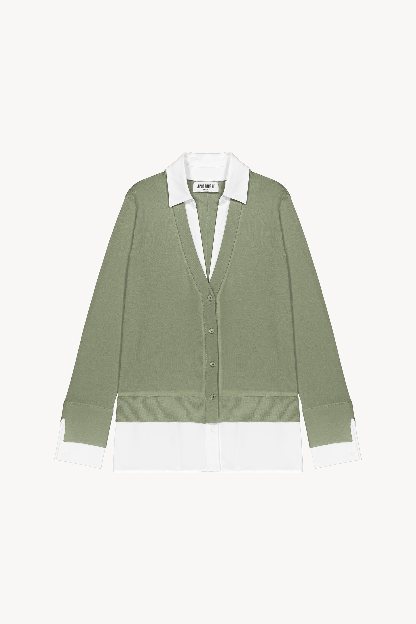 Gilet trompe-l'œil kaki en laine Merinos avec col chemise ouvert et popeline dépassante, coupe large et six boutons.
