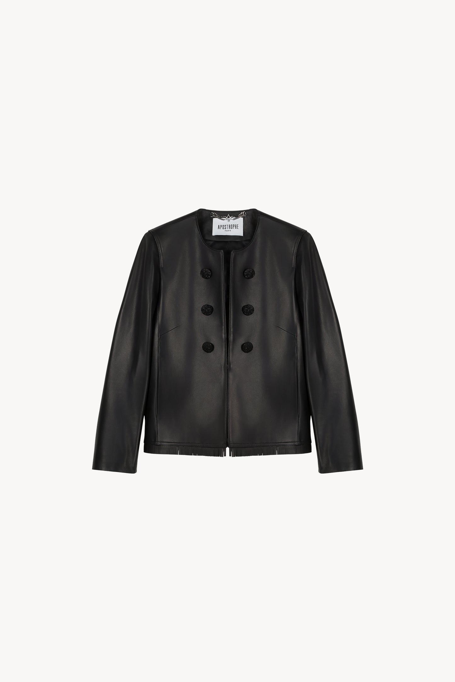 Black leather fringed suit jacket