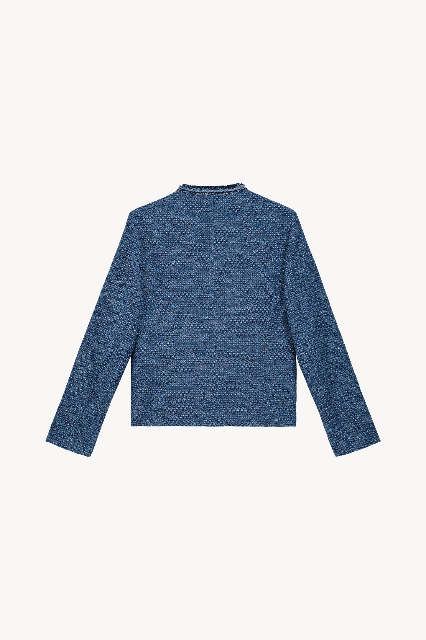 Veste en tweed bleu avec ses finitions tressées et frangées raffinées