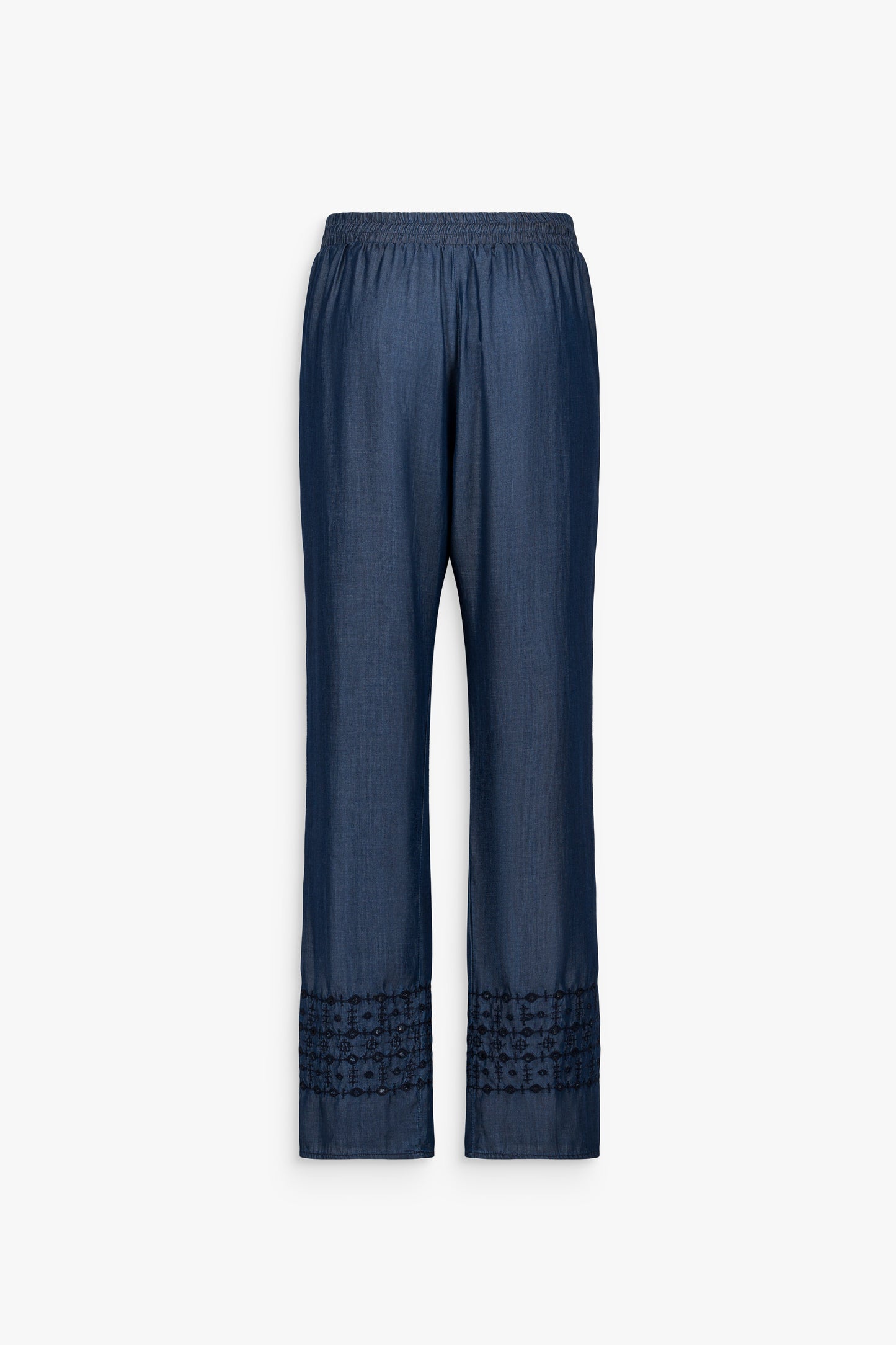 Pantalon droit en denim bleu doux, à la coupe fluide et taille élastiquée.
