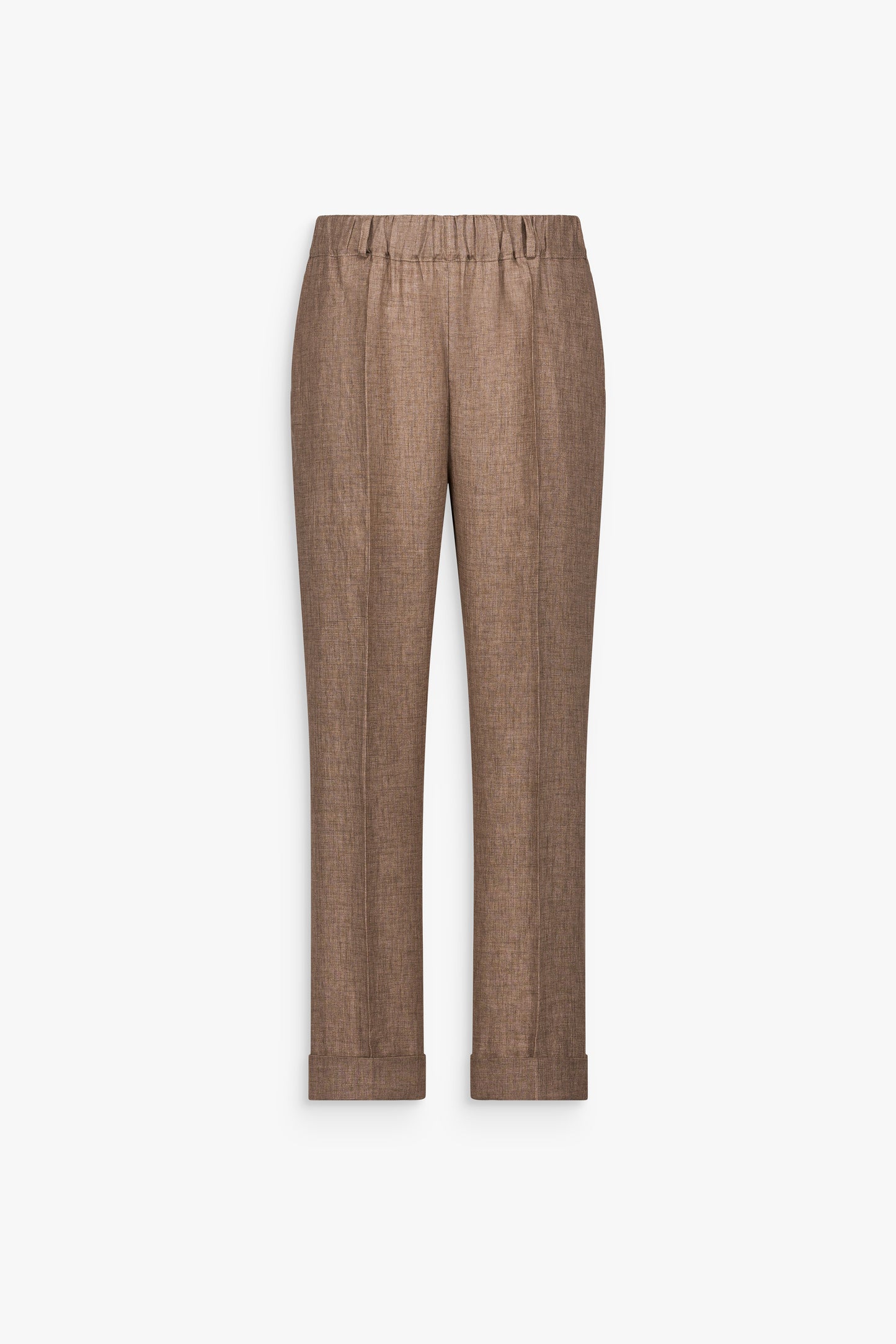 Pantalon droit en lin marron glacé, alliant douceur et structure subtile. Taille élastique discrète et finitions soignées