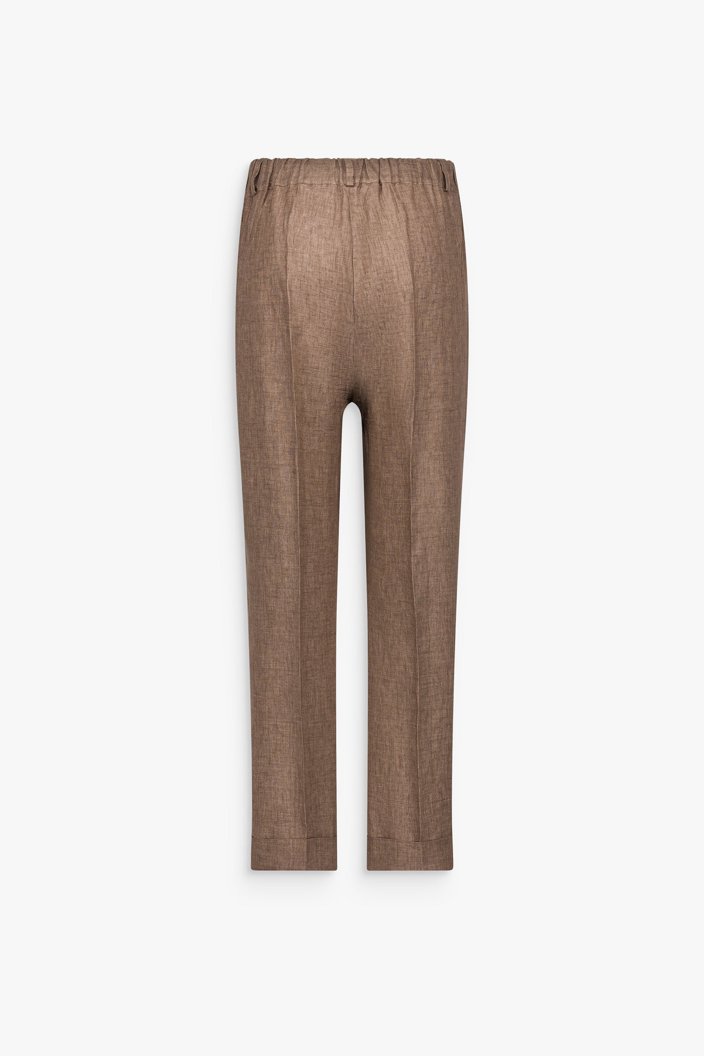 Pantalon en lin marron glacé, à la taille élastique discrète et aux poches italiennes.