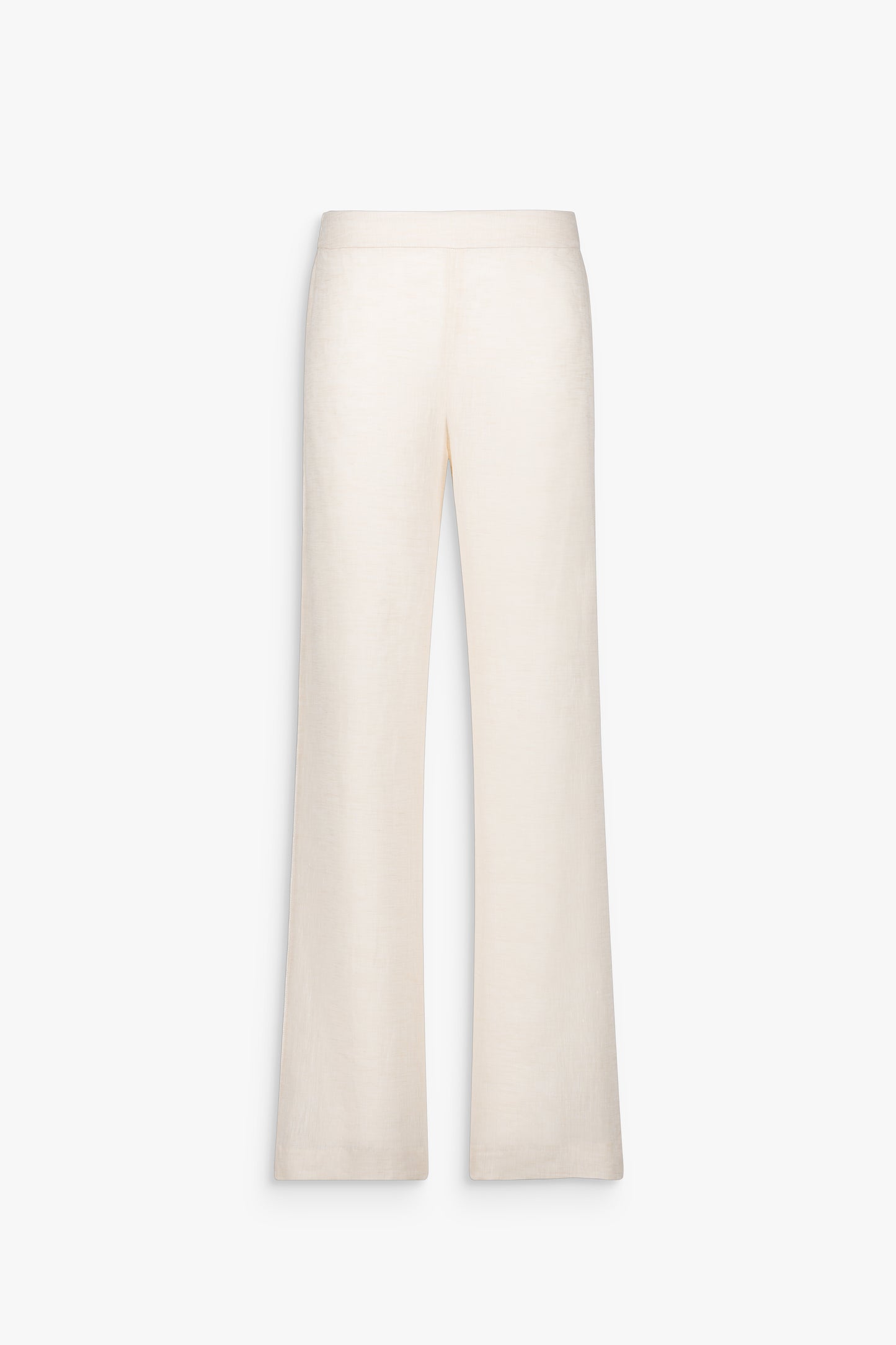 Pantalon droit en lin blanc cassé, à la coupe épurée et lumineuse. Taille élastiquée discrète et détails minimalistes