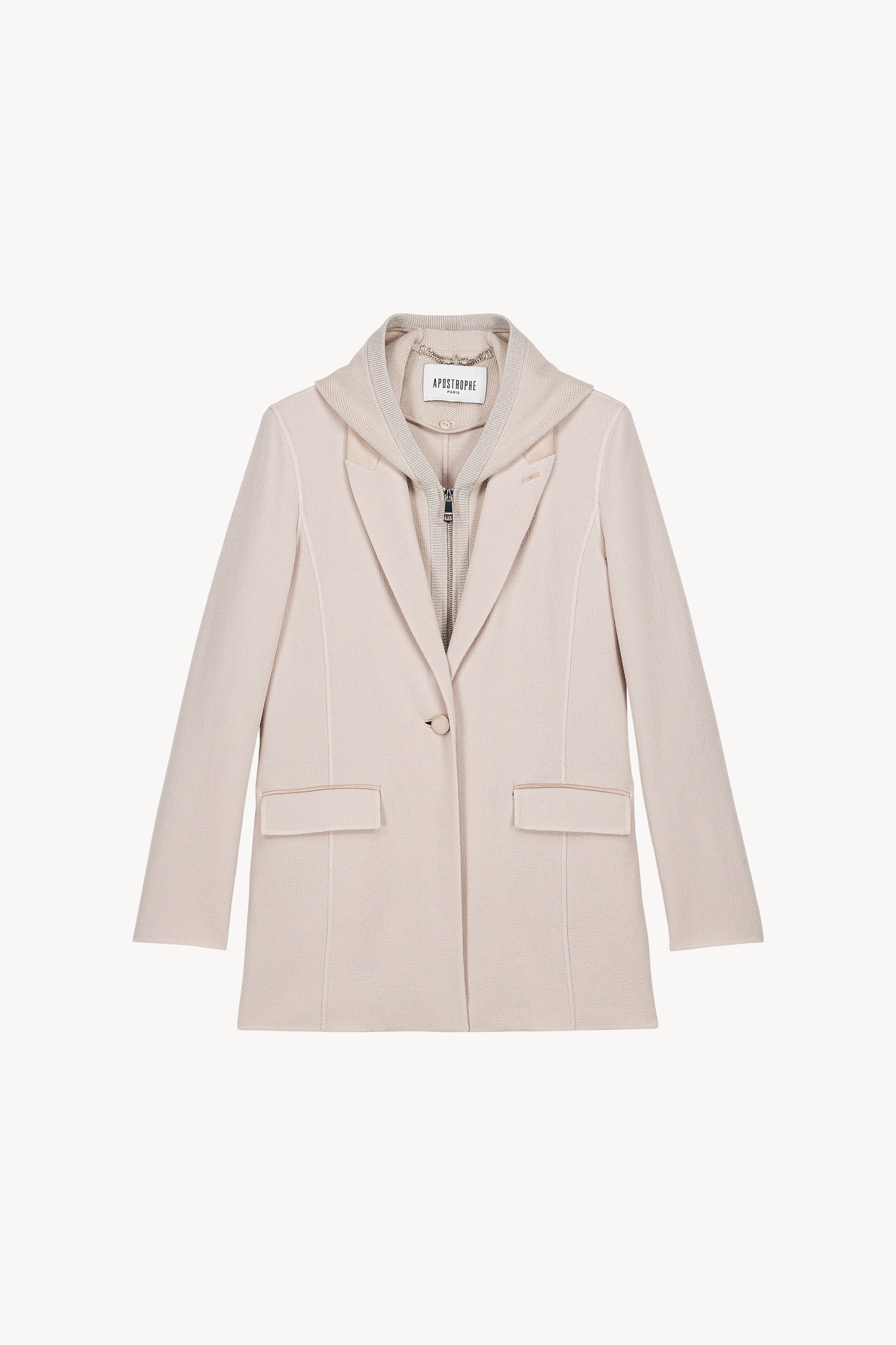 Blazer cintre beton avec capuche en maille amovible, alliant luxe et modernité pour un look chic et original.