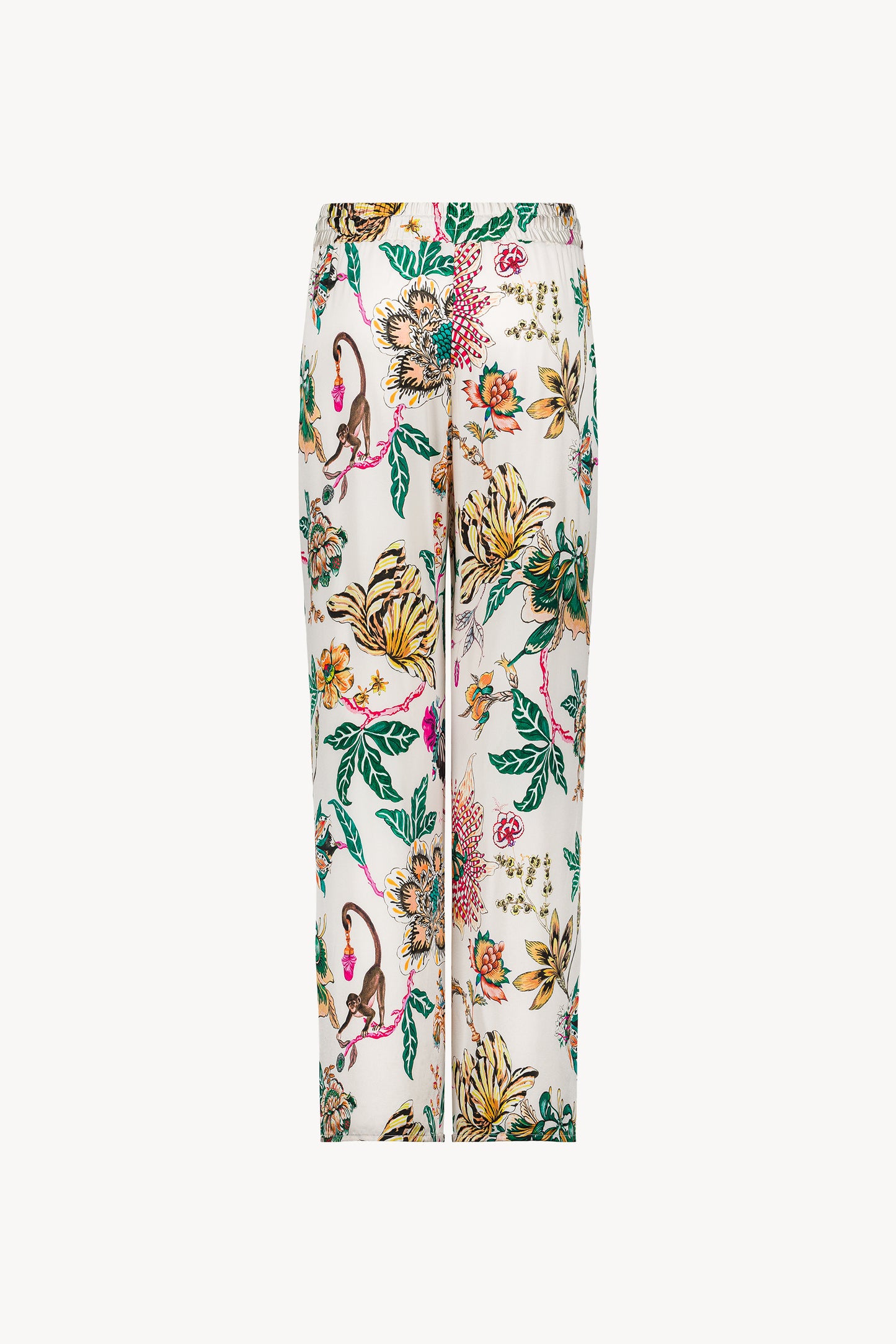 Pantalon fluide en satin de soie à imprimé floral, coupe ample et taille élastiquée