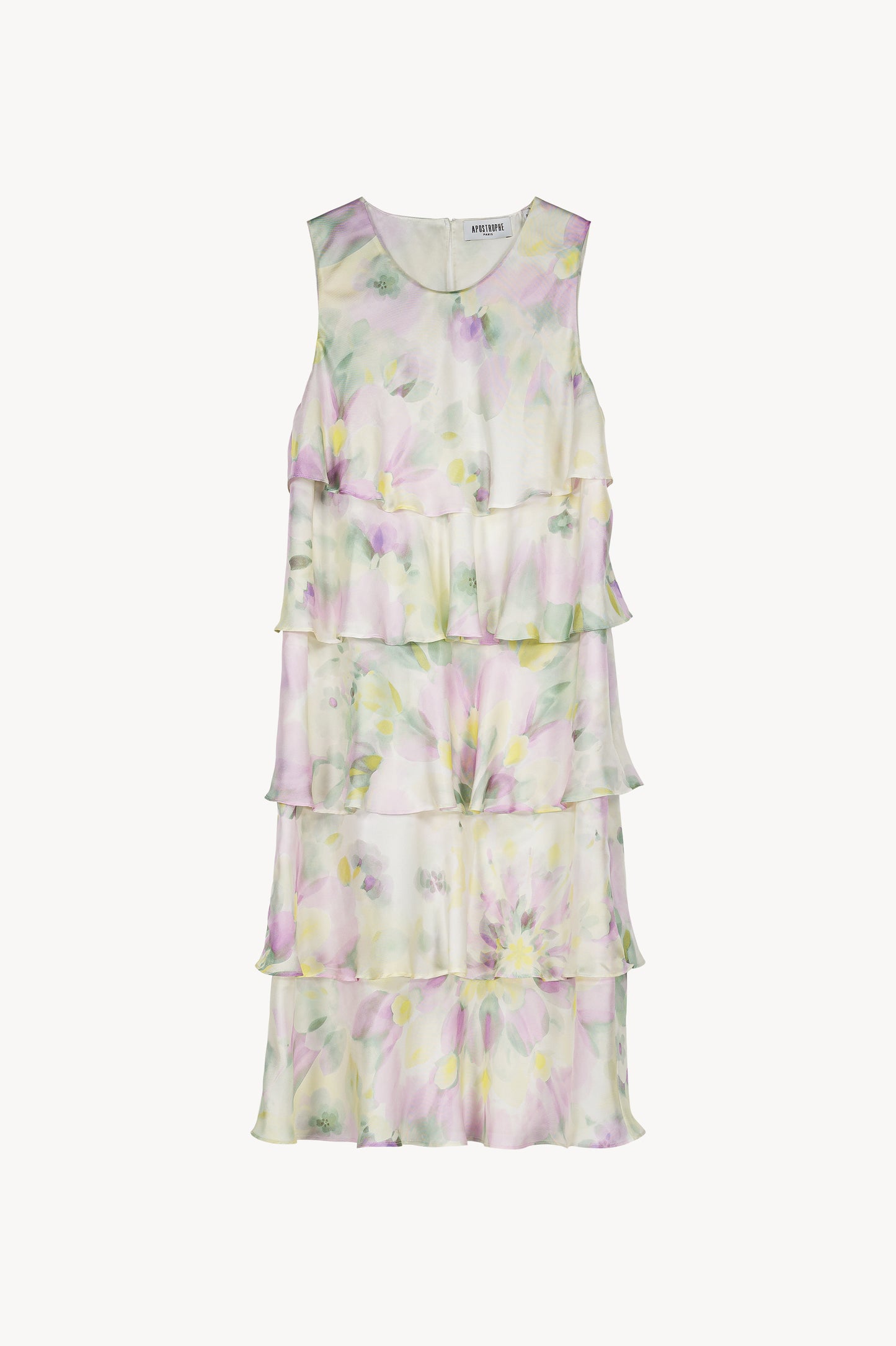 Robe mi-longue en twill de soie psychédélique, avec des volants fluides et une découpe en goutte au dos .
