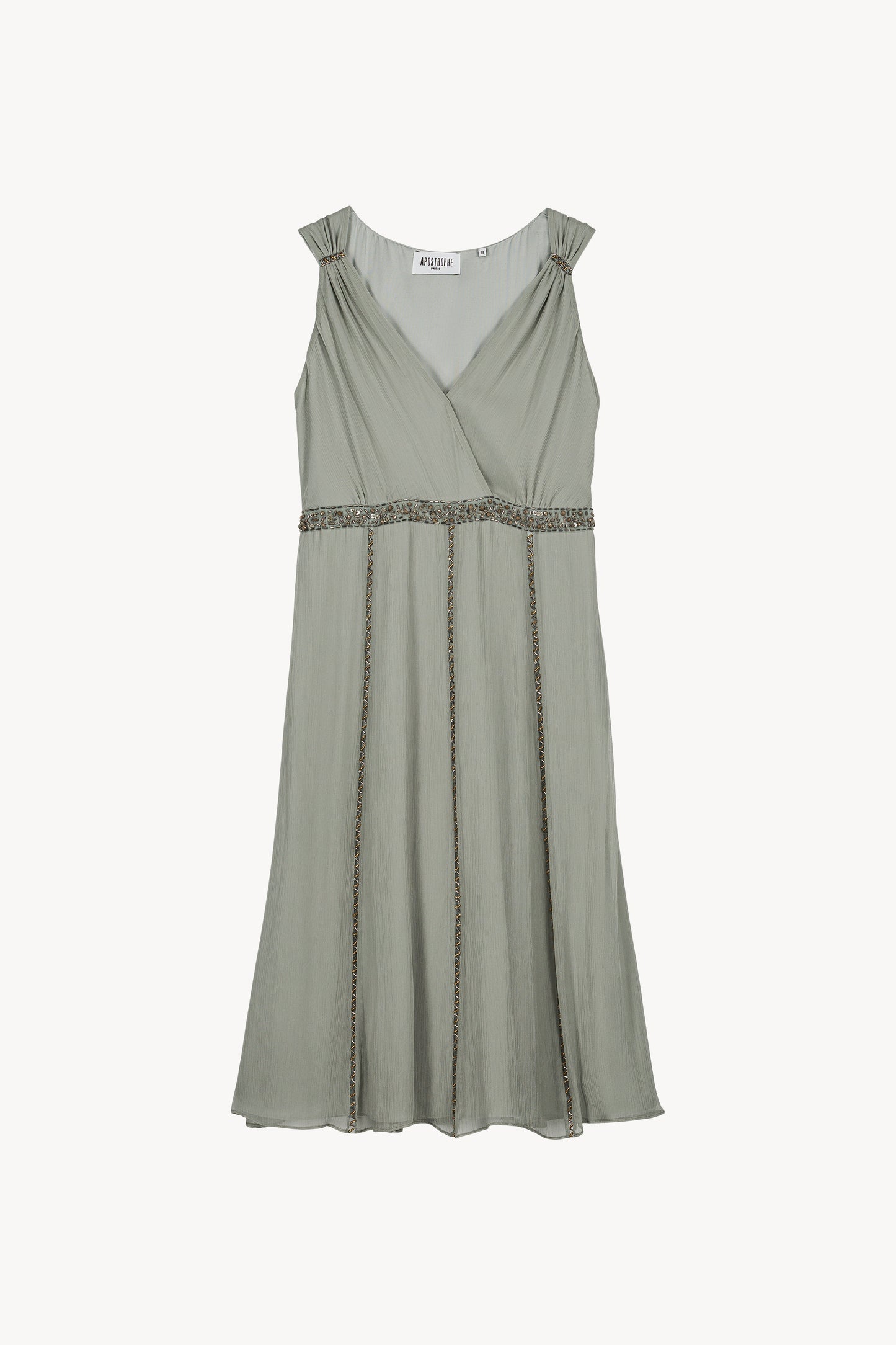 Robe courte sauge à taille empire, décolleté en V et broderie ton sur ton.