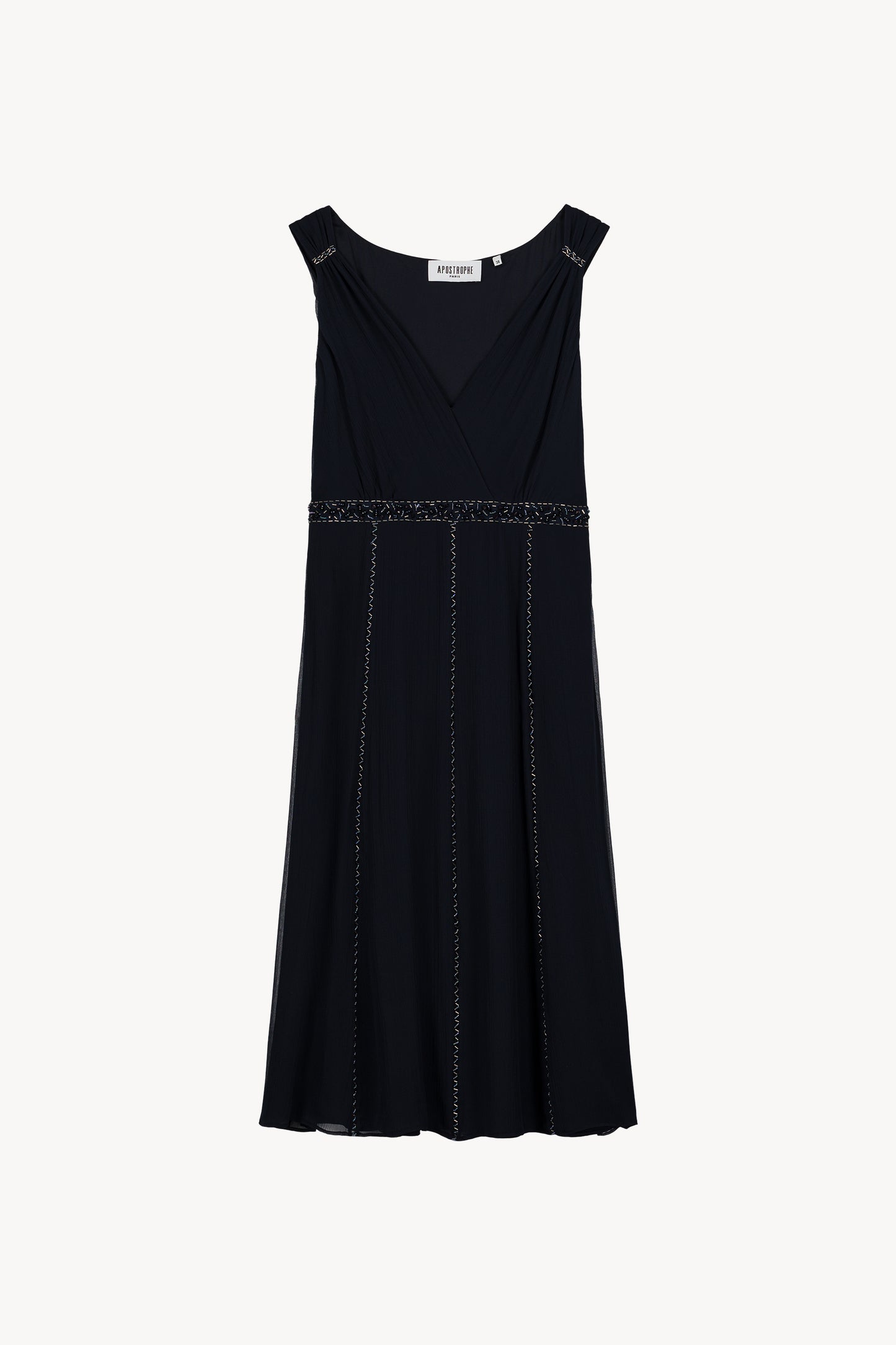 Robe courte marine à taille empire, décolleté en V et broderie ton sur ton