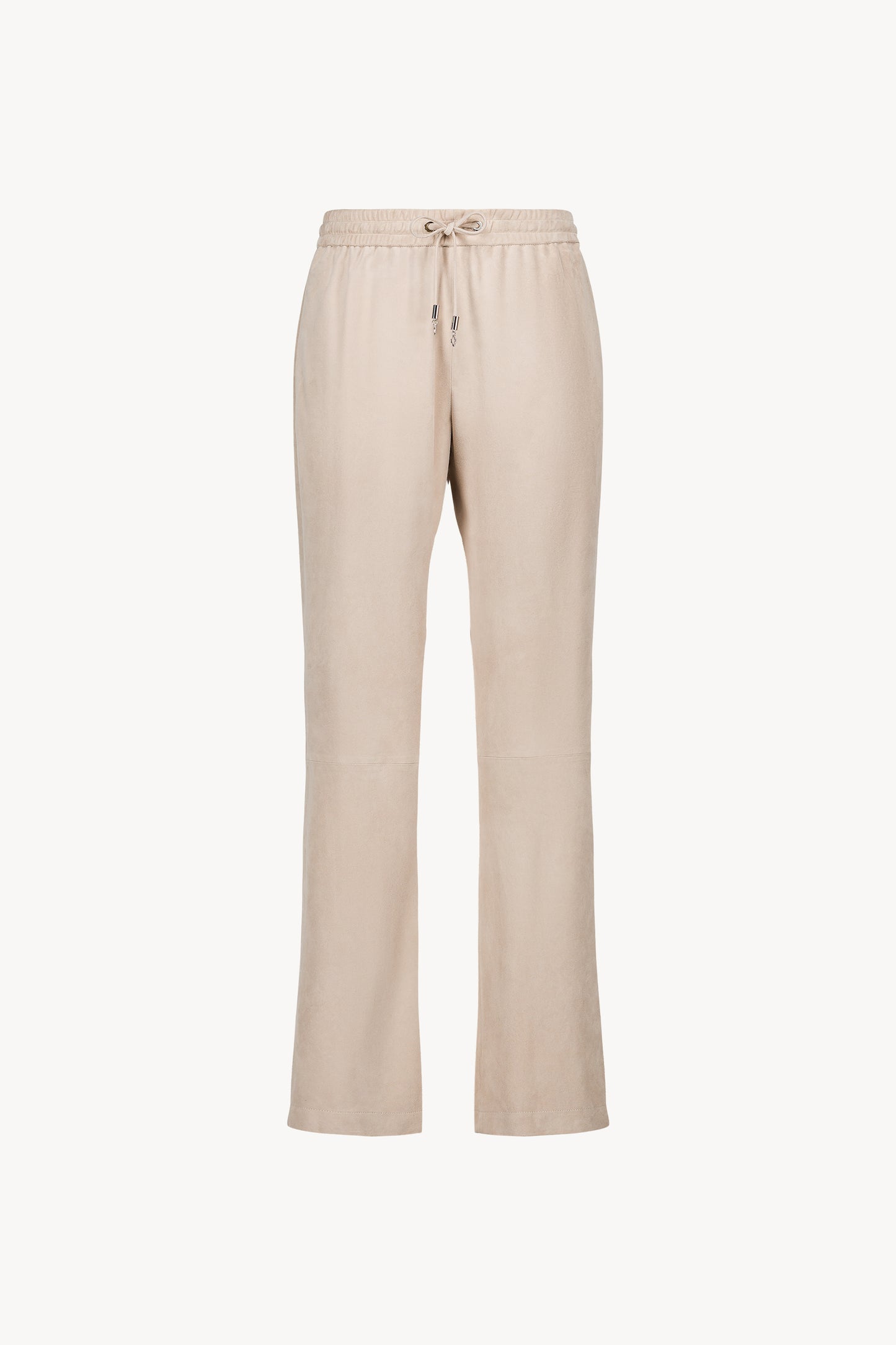 Pantalon droit en daim beige clair, taille élastique avec cordon ajustable, pour une silhouette fluide et élégante.