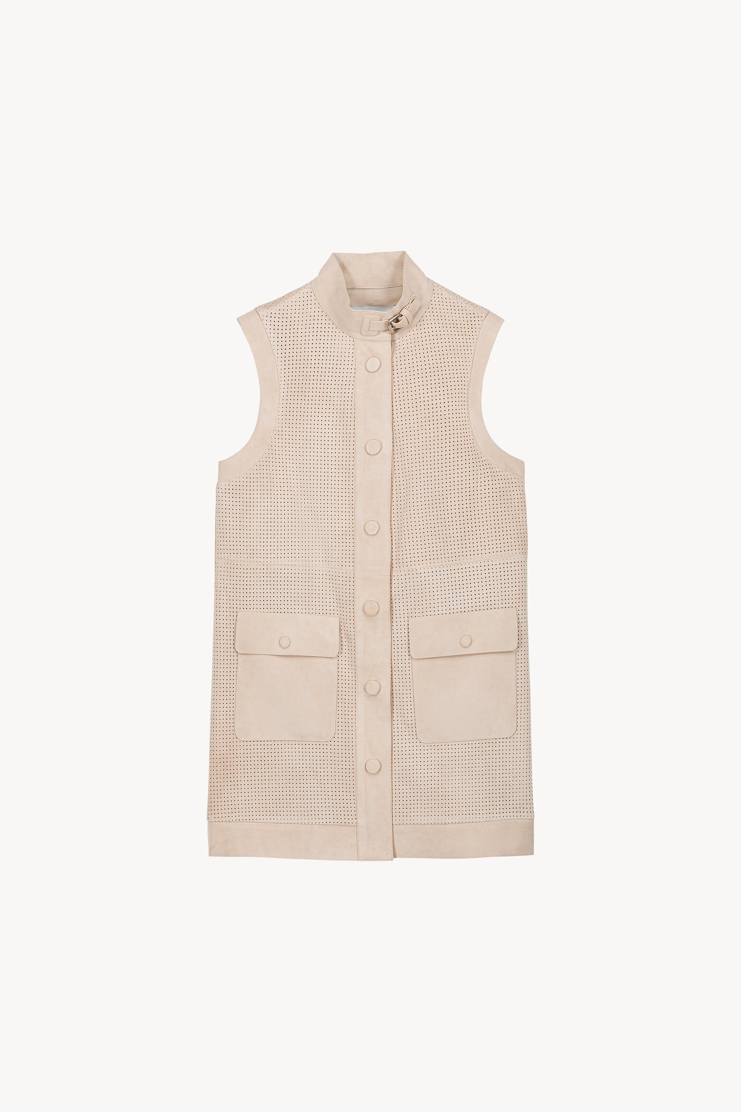 Veste en daim beige clair avec design perforé et col camionneur.