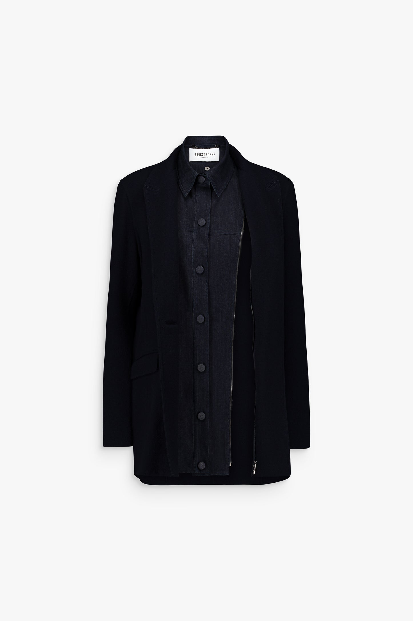 Navy wool blazer with integrated shirt