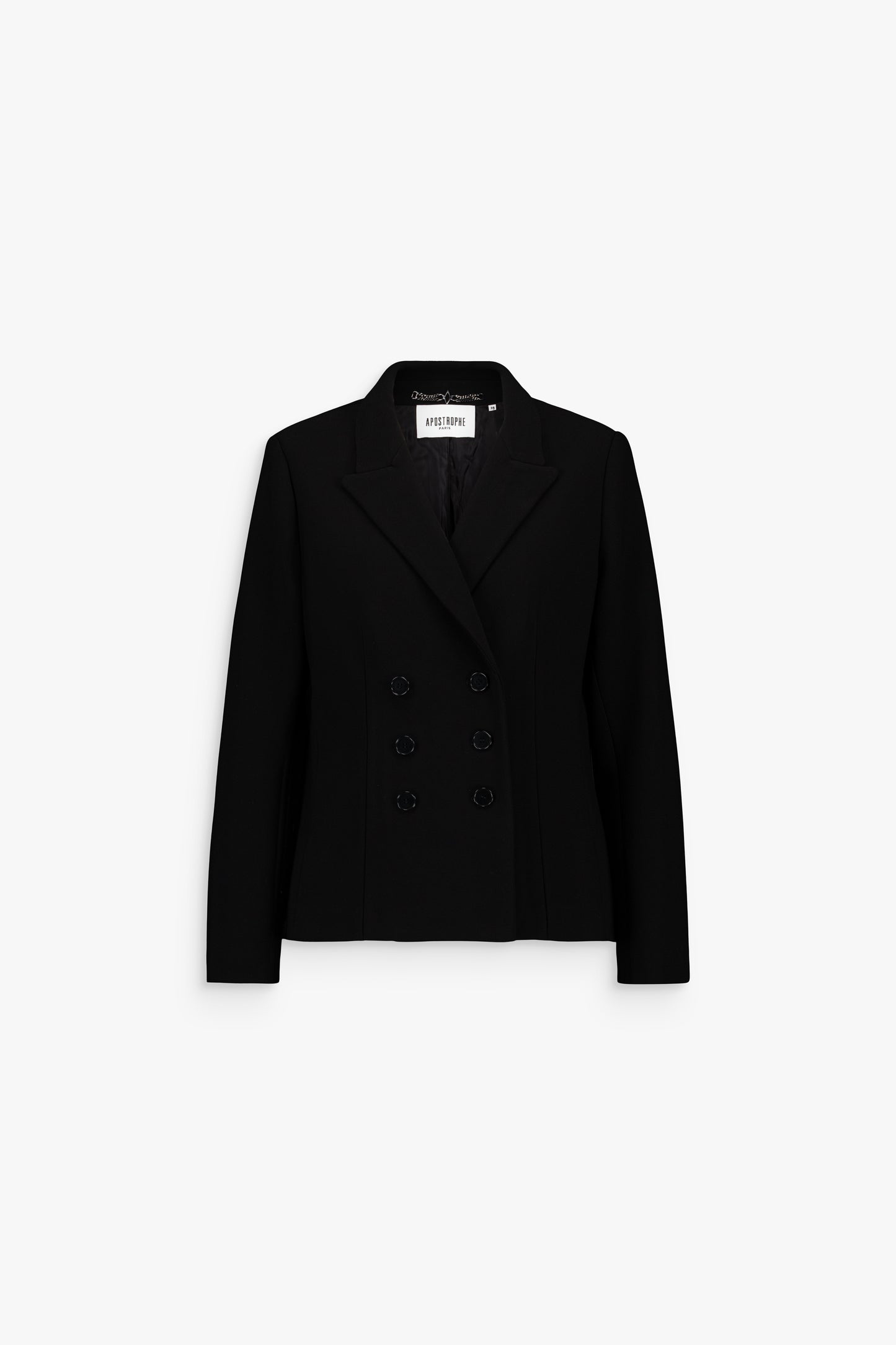 Veste tailleur noire, coupe ajustée et tombé structuré pour une allure chic.