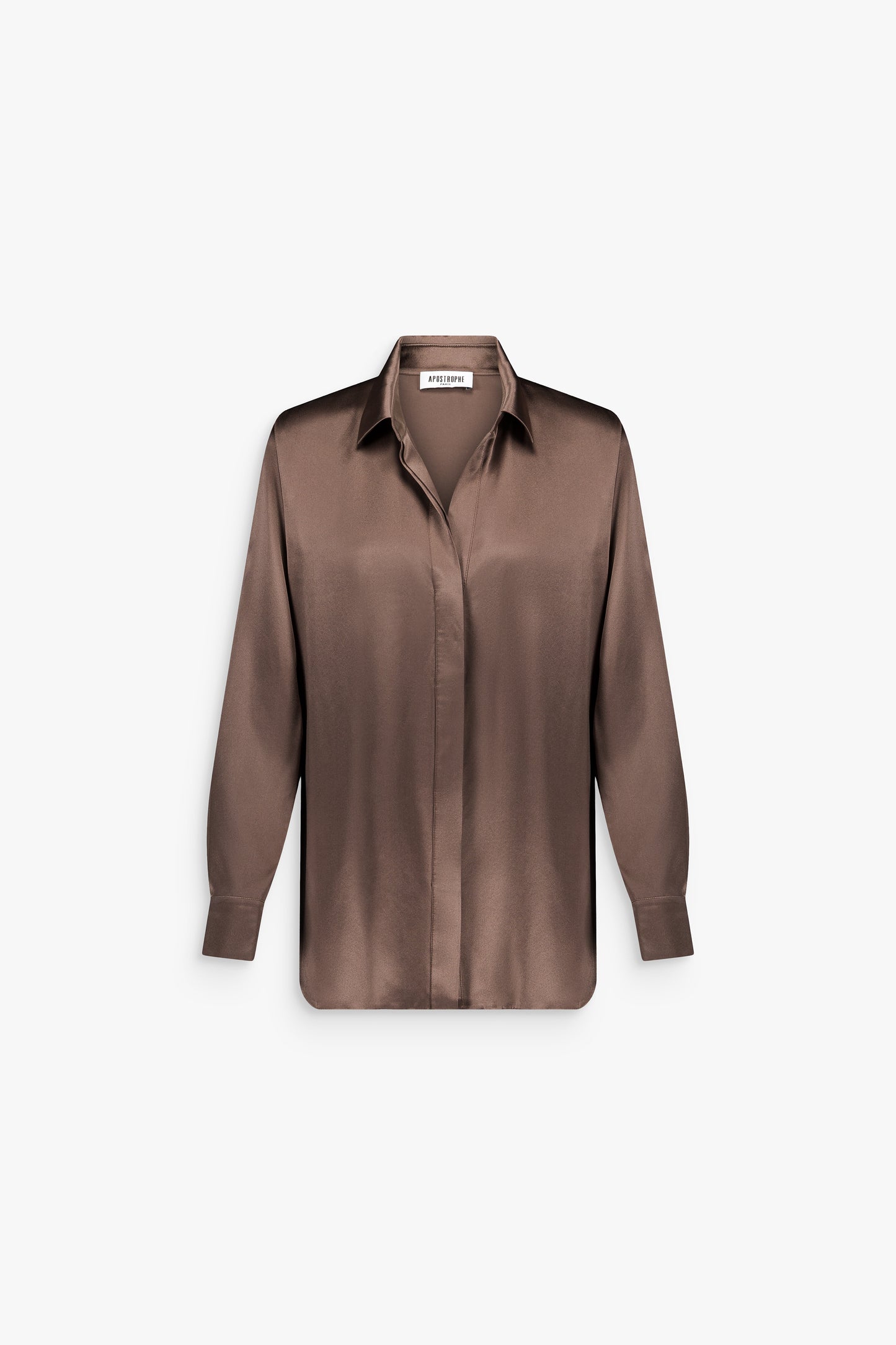 Chemise taupe moyen, col mao et encolure en V, coupe droite fluide.