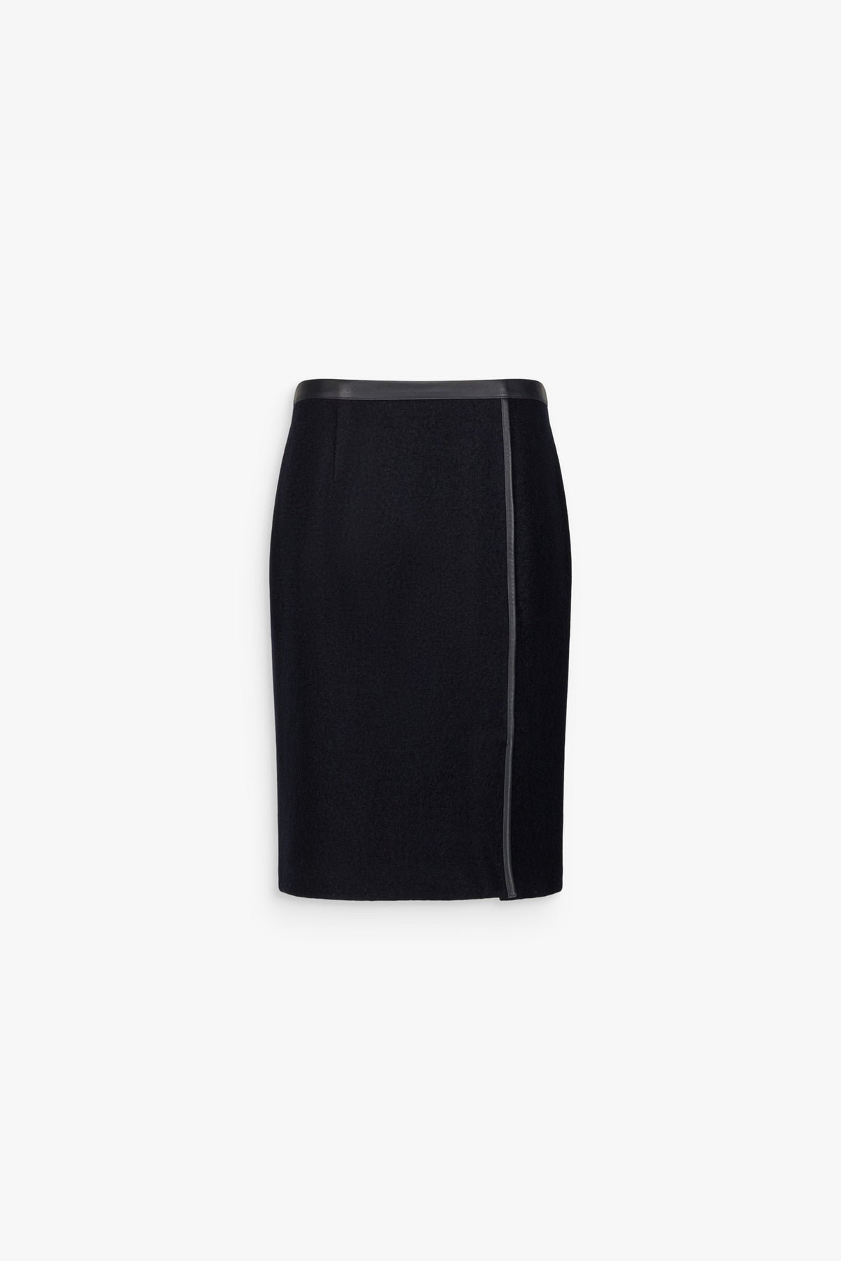 Jupe droite laine bouillie et cuir marine