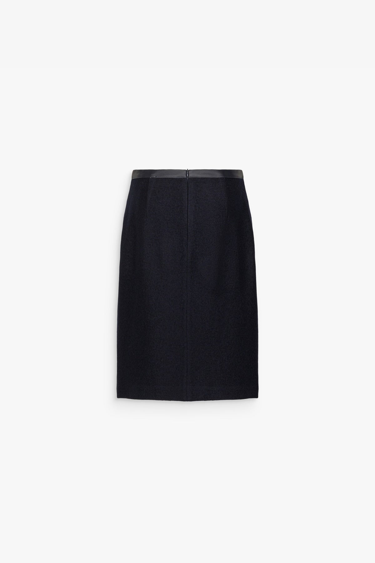 Jupe droite laine bouillie et cuir marine