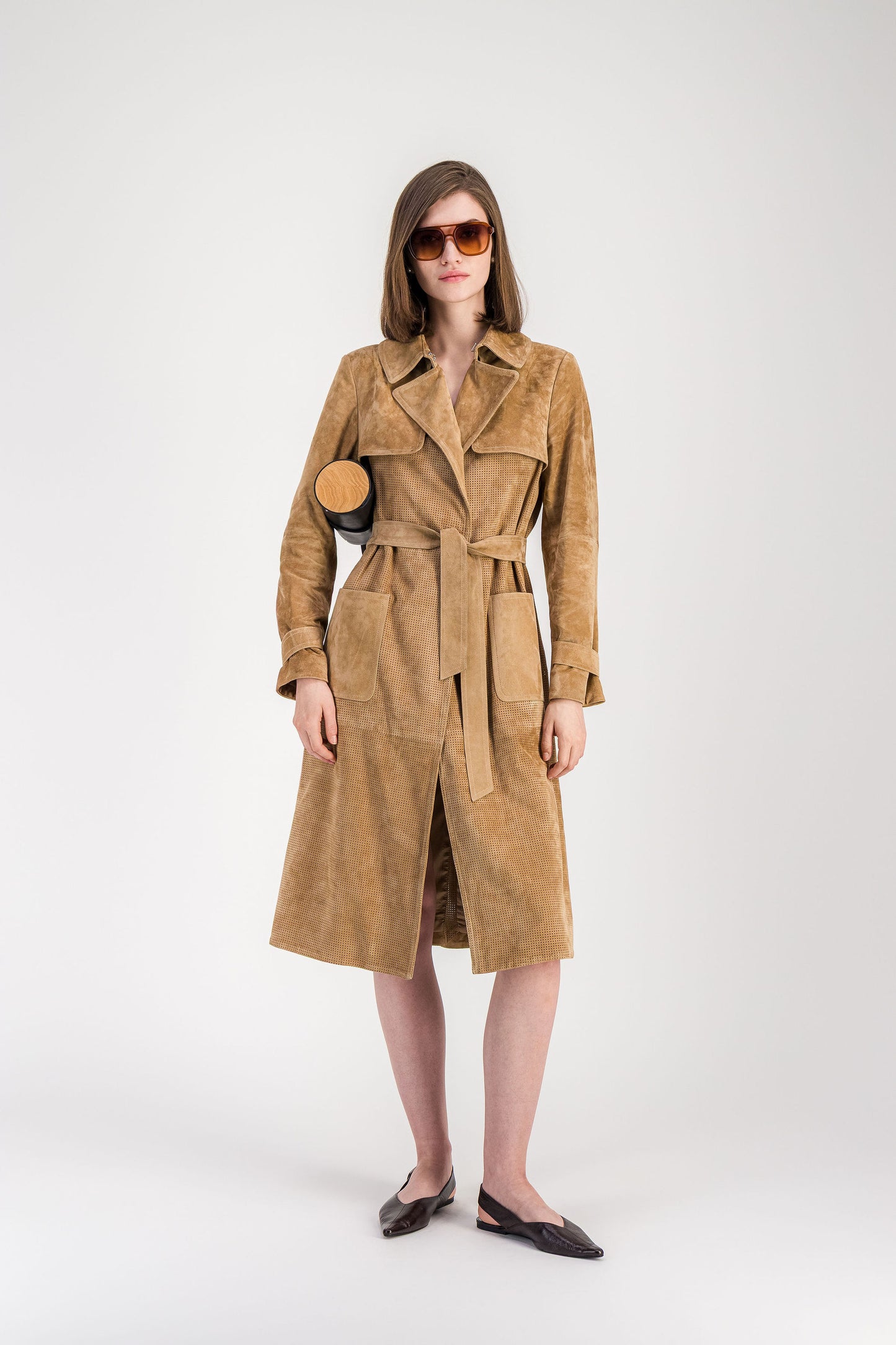 Trench-coat ajusté en daim beige moyen