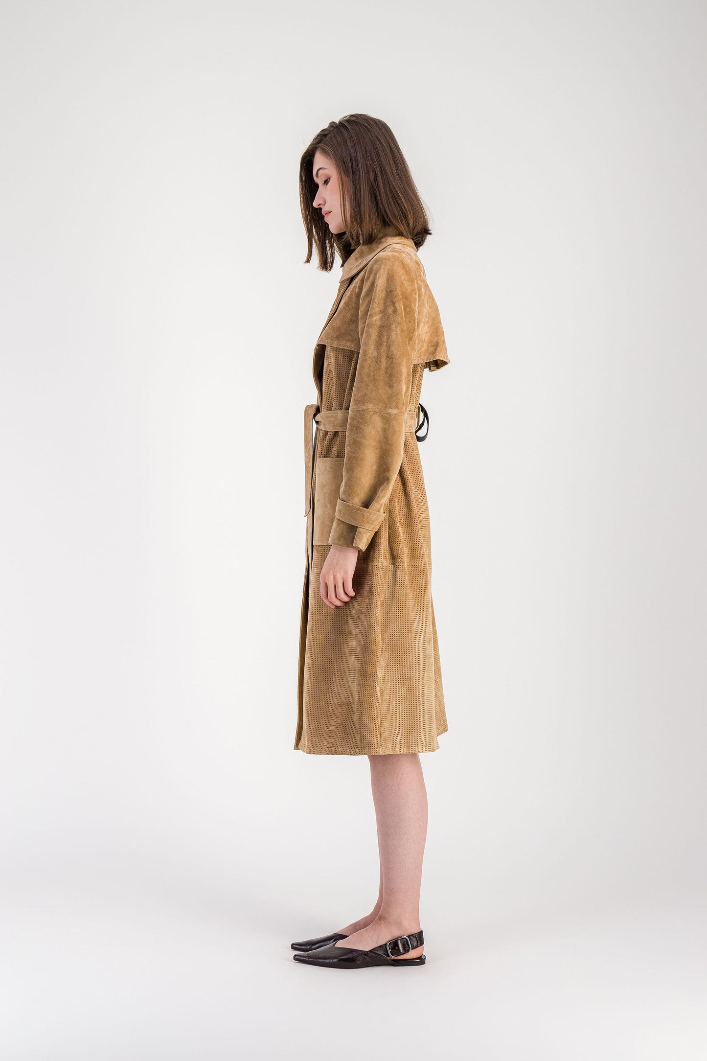 Trench-coat ajusté en daim beige moyen