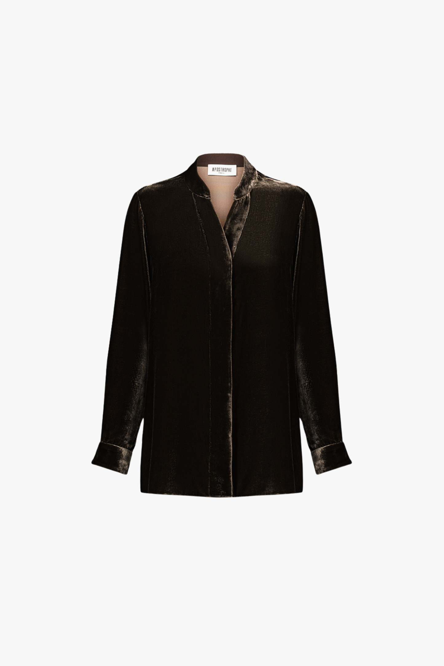 Tunique ample en velours taupe, col mao et patte cachée.