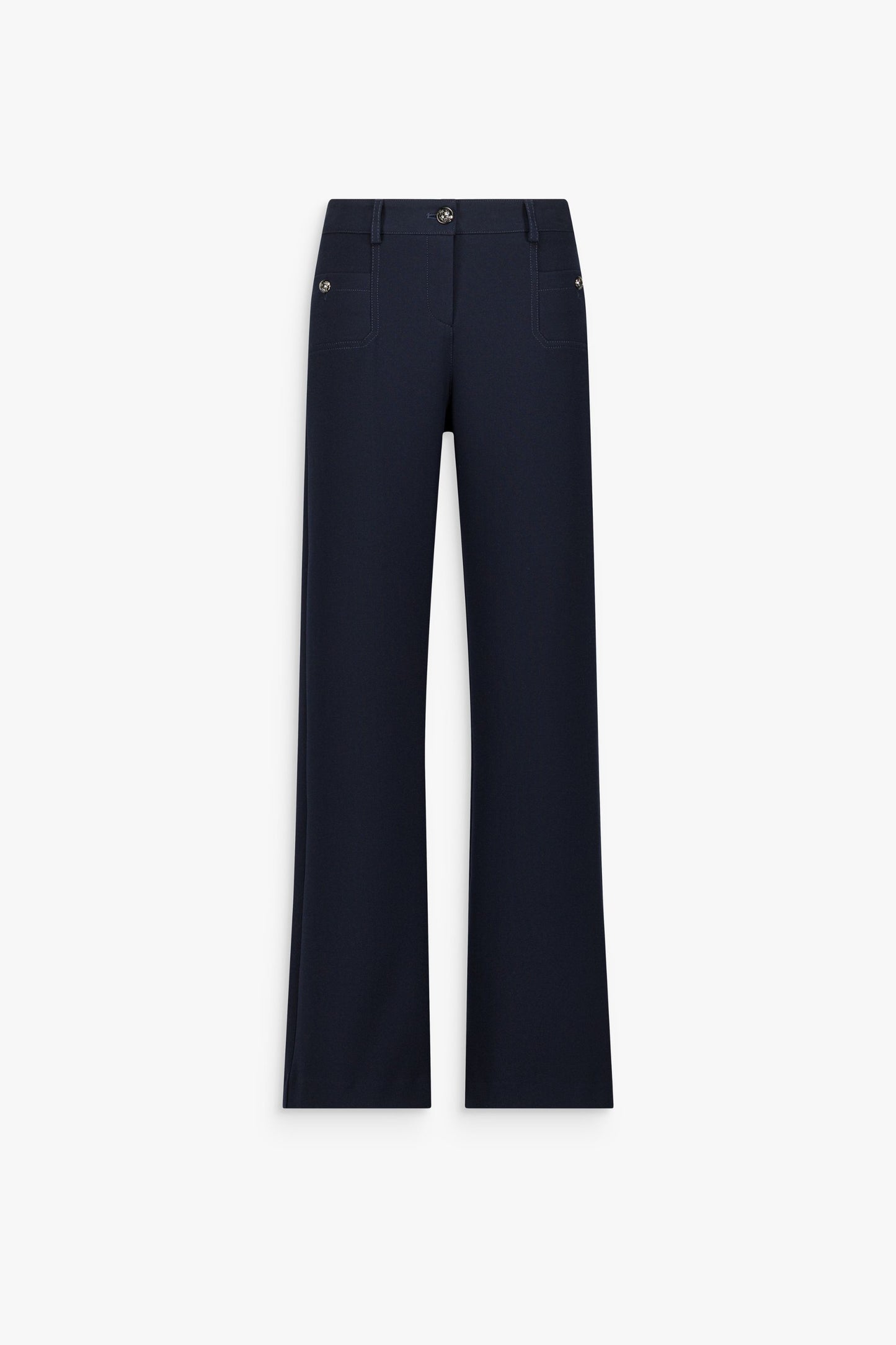 Pantalon droit marine à fermeture boutonnée et ligne épurée.