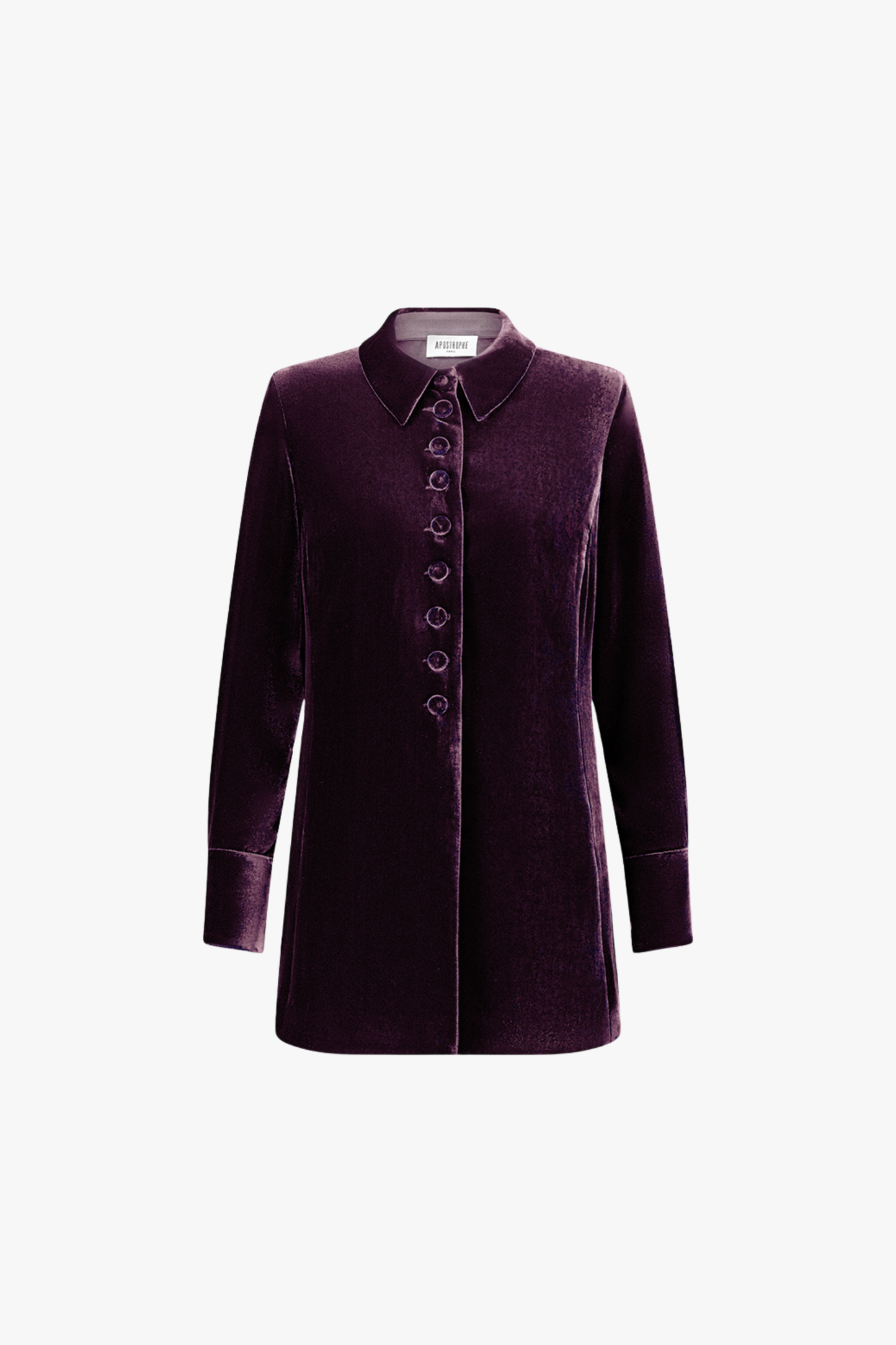 Dos de la chemise grenat, tombé fluide et texture veloutée.