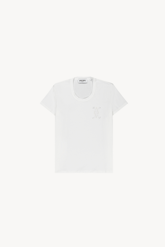 Ce t-shirt blanc optique, avec son col rond et ses manches courtes, est sublimé par une broderie délicate et sa coupe moderne