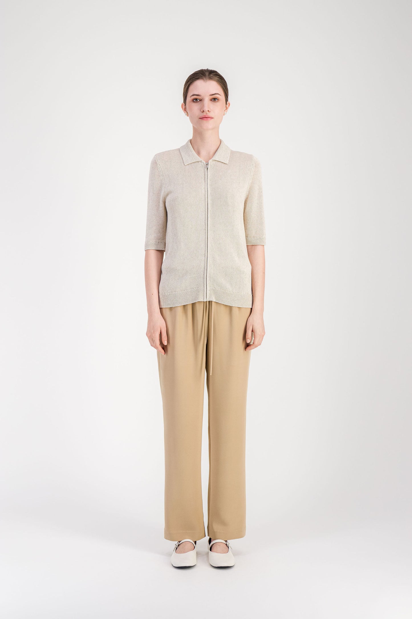 Gilet ajusté beige moyen en maille brodée