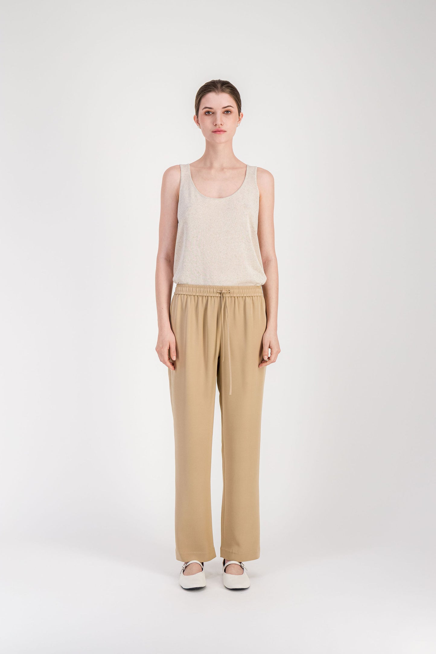 Débardeur droit beige moyen en maille brodée